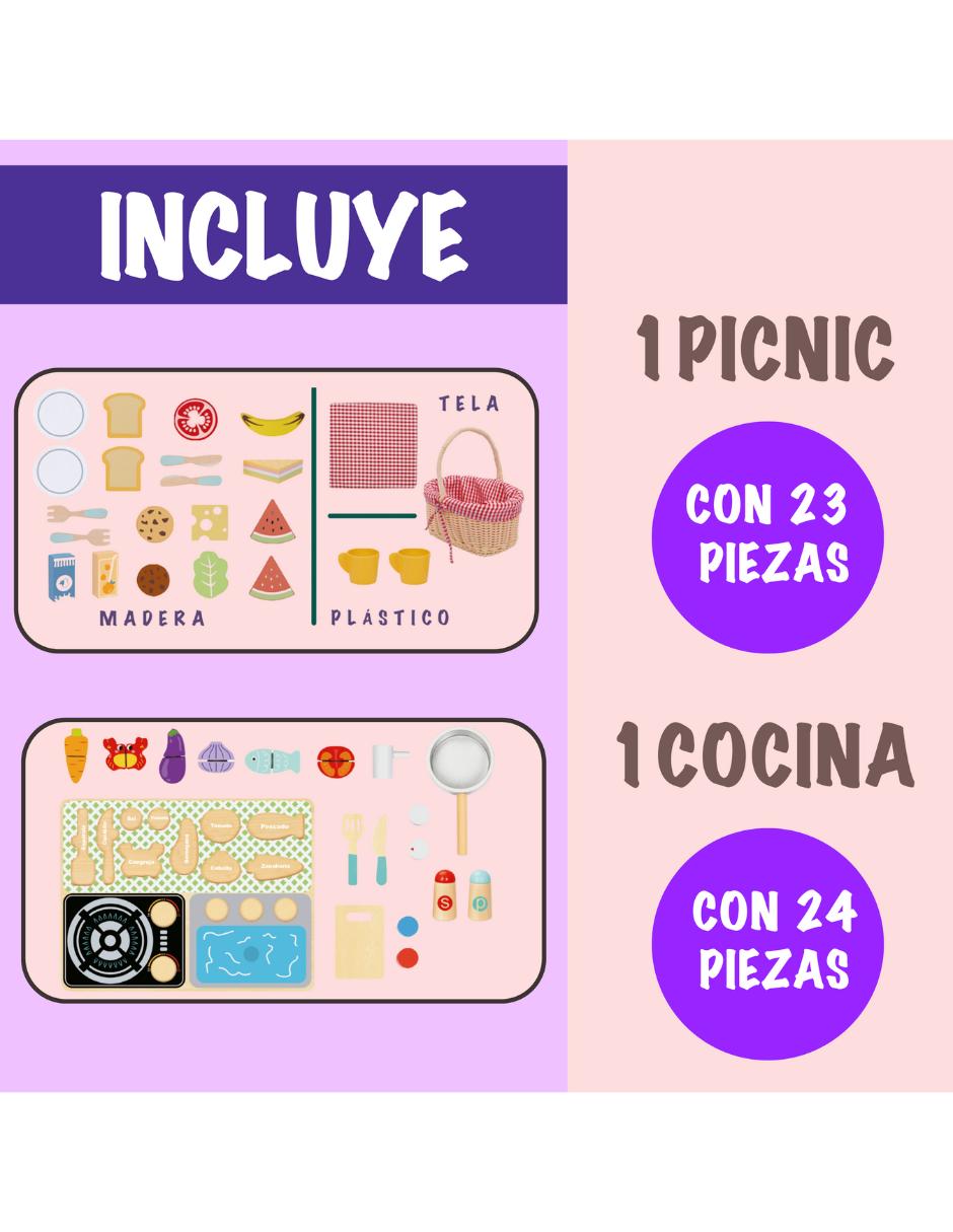 Foto 9 pulgar | Paquete Con 2 Juguetes Didácticos Picnic Y Cocina De Madera Para Niñas Mágicamente