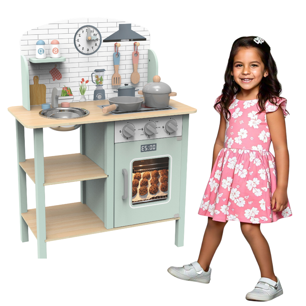 Foto 3 pulgar | Cocina De Madera Infantil Para Niñas. Incluye: Cocina, Palas, Sartén, Olla Con Tapa, Tarja, Salero Y 1 Pimentero