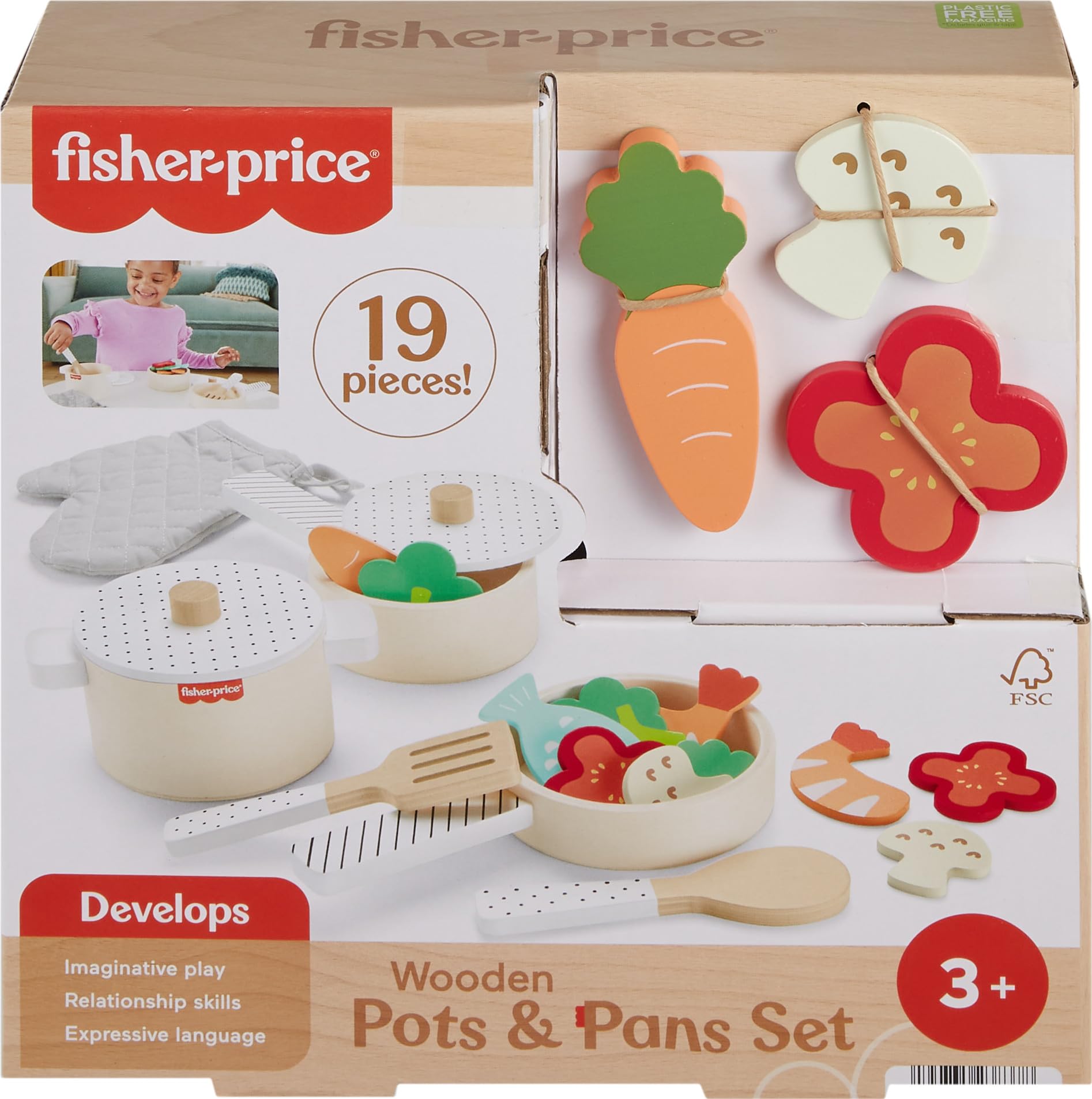 Foto 2 pulgar | Set De Ollas Y Sartenes Pretend Play Wood Kitchen De Fisher-price - Venta Internacional.