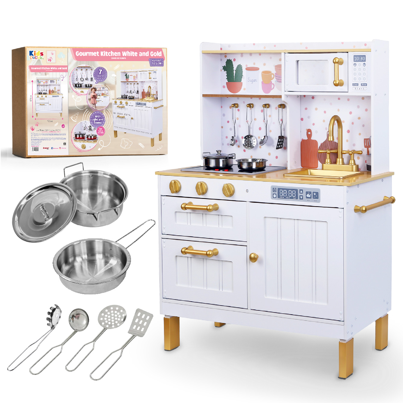 Foto 1 | Kids House Kitchen White And Gold: Cocina De Juguete De Madera Para Niñas Con Detalles Dorados, Incluye 4 Utens