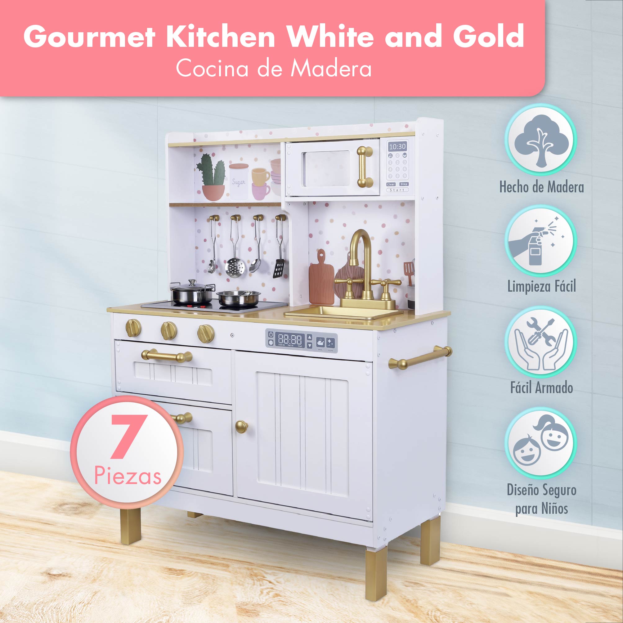 Foto 3 | Kids House Kitchen White And Gold: Cocina De Juguete De Madera Para Niñas Con Detalles Dorados, Incluye 4 Utens