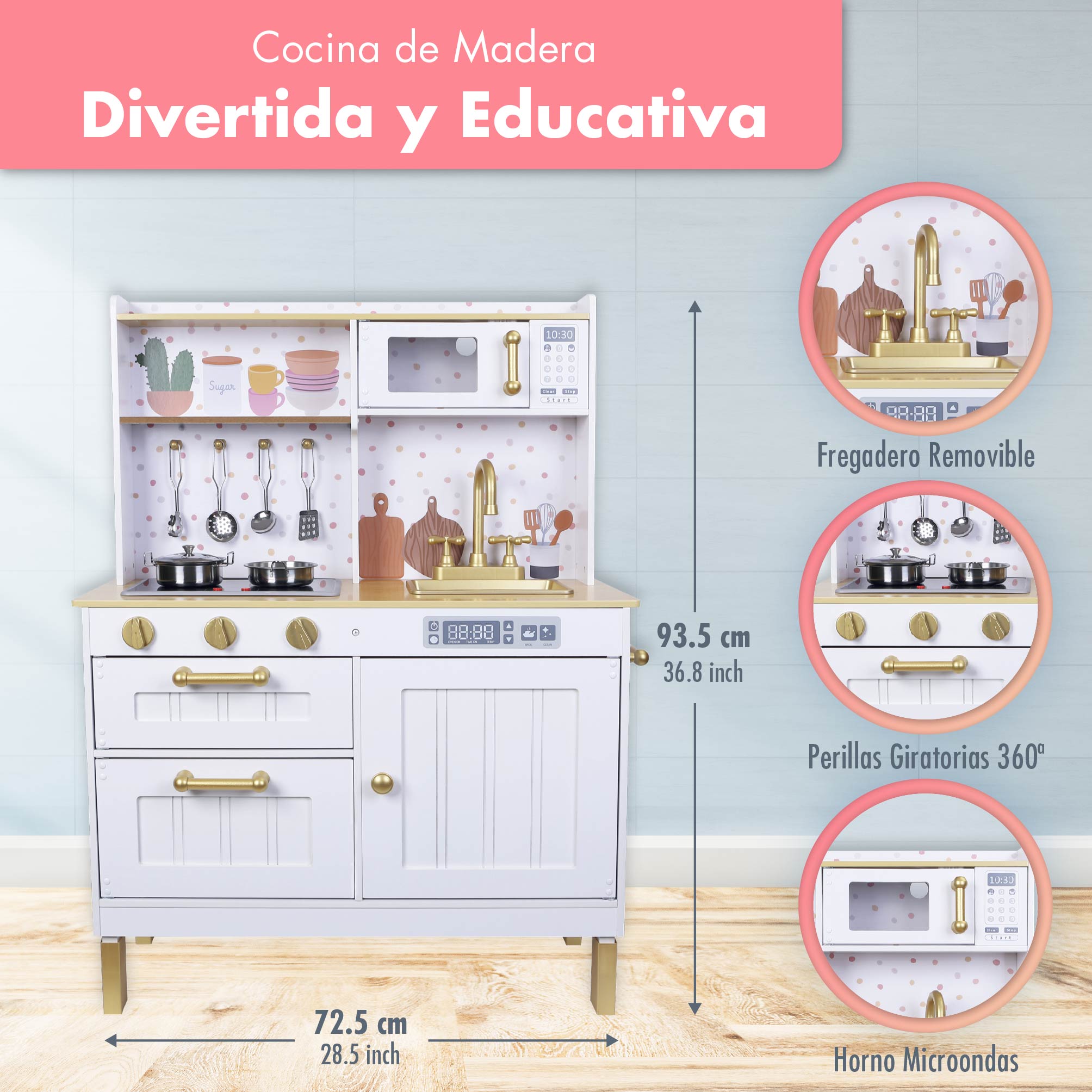 Foto 5 | Kids House Kitchen White And Gold: Cocina De Juguete De Madera Para Niñas Con Detalles Dorados, Incluye 4 Utens