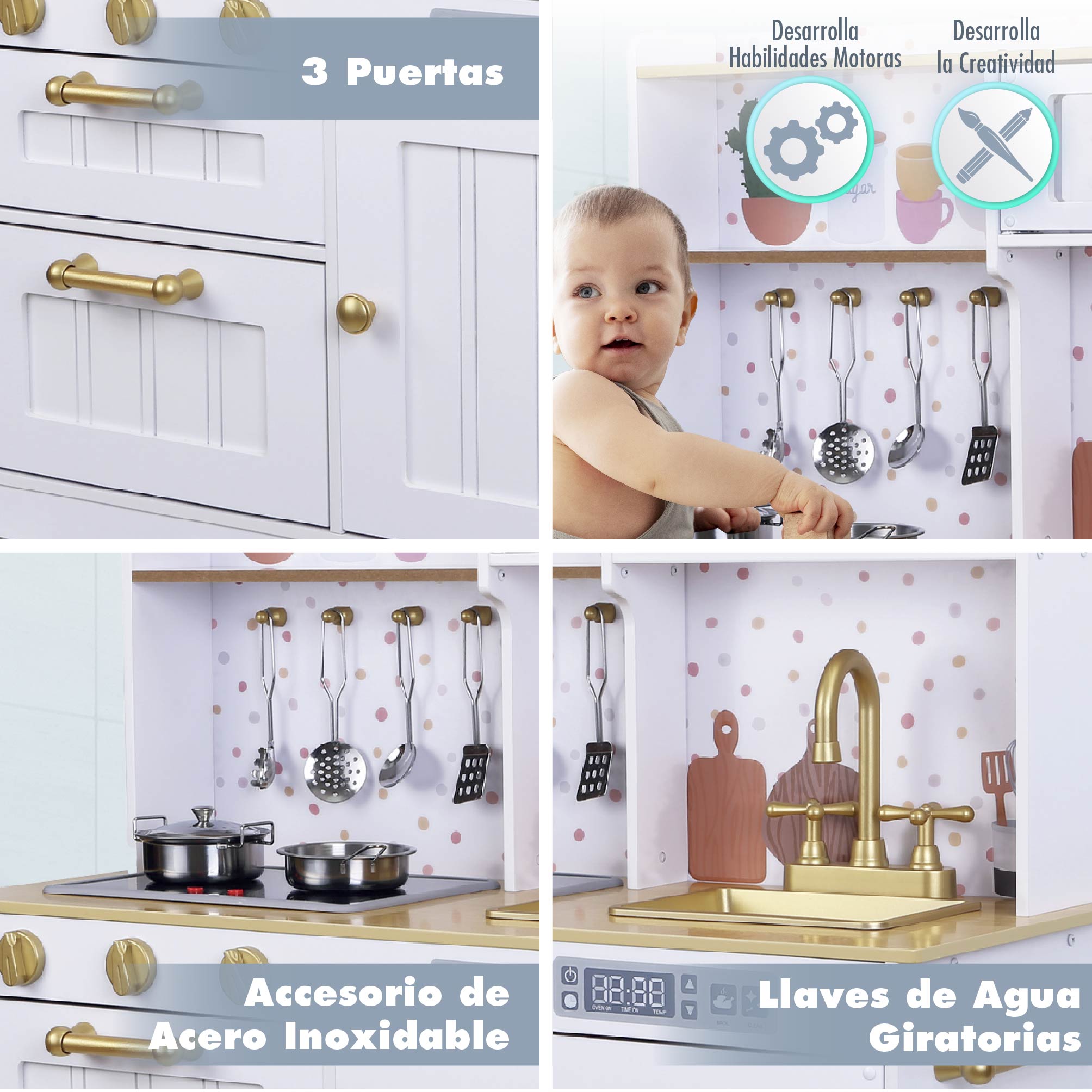 Foto 6 | Kids House Kitchen White And Gold: Cocina De Juguete De Madera Para Niñas Con Detalles Dorados, Incluye 4 Utens