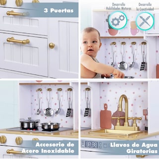 Foto 6 | Kids House Kitchen White And Gold: Cocina De Juguete De Madera Para Niñas Con Detalles Dorados, Incluye 4 Utens