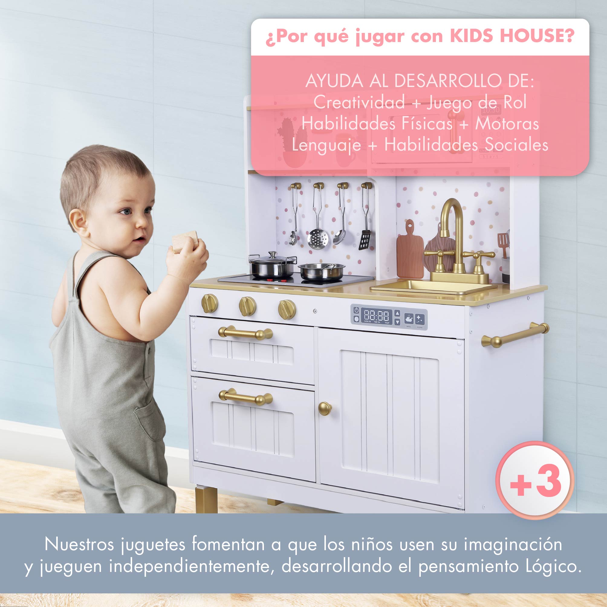 Foto 7 | Kids House Kitchen White And Gold: Cocina De Juguete De Madera Para Niñas Con Detalles Dorados, Incluye 4 Utens