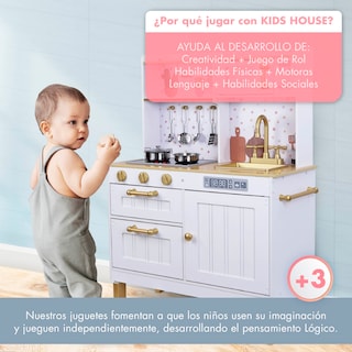 Foto 7 | Kids House Kitchen White And Gold: Cocina De Juguete De Madera Para Niñas Con Detalles Dorados, Incluye 4 Utens