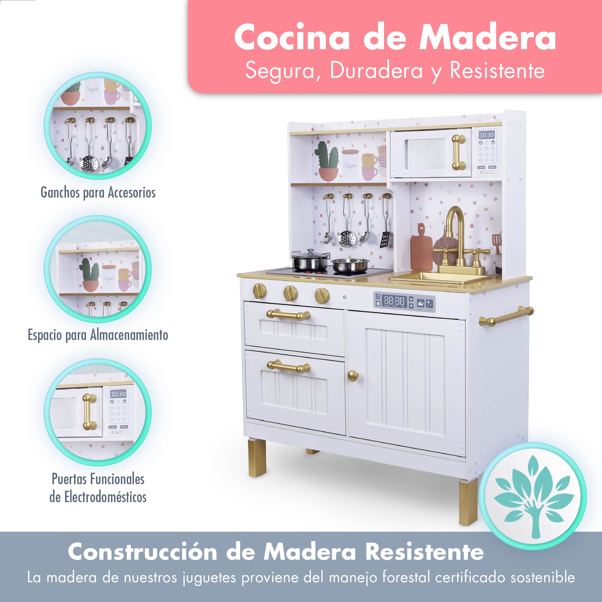 Foto 9 pulgar | Kids House Kitchen White And Gold: Cocina De Juguete De Madera Para Niñas Con Detalles Dorados, Incluye 4 Utens