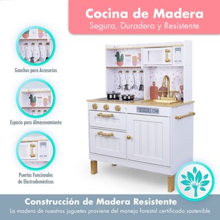 Foto 8 | Kids House Kitchen White And Gold: Cocina De Juguete De Madera Para Niñas Con Detalles Dorados, Incluye 4 Utens