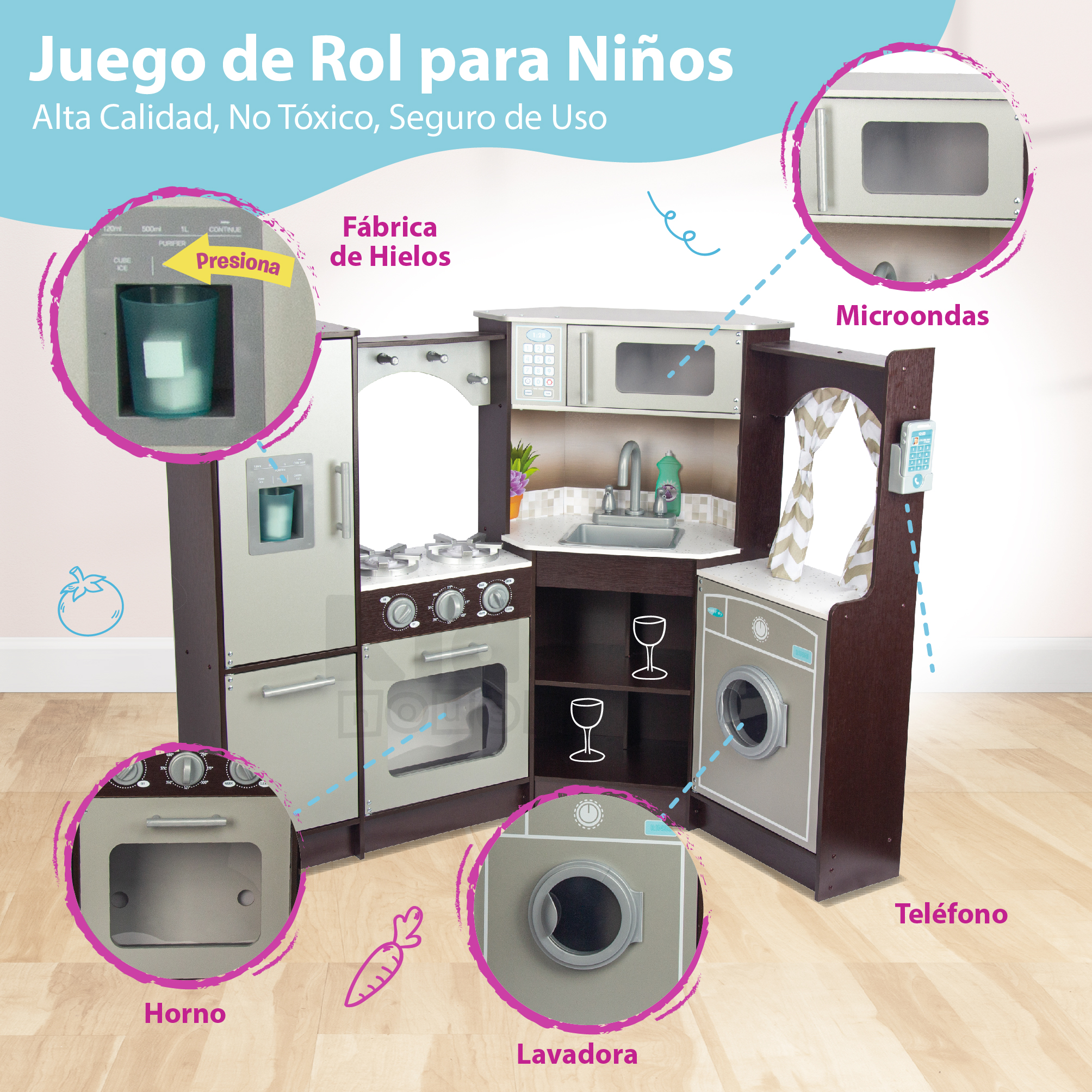 Foto 3 | Kids House Master Chef: Cocina De Juguete Para Niños, Modular Esquinada Con Microondas, Lavabo, Cortinas Elegantes