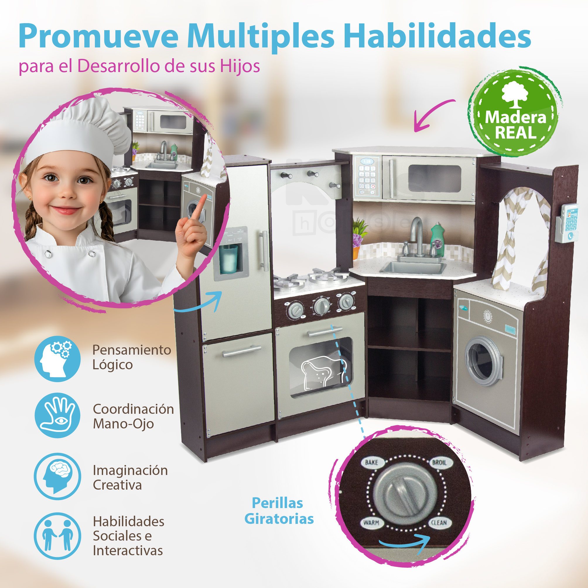 Foto 5 pulgar | Kids House Master Chef: Cocina De Juguete Para Niños, Modular Esquinada Con Microondas, Lavabo, Cortinas Elegantes