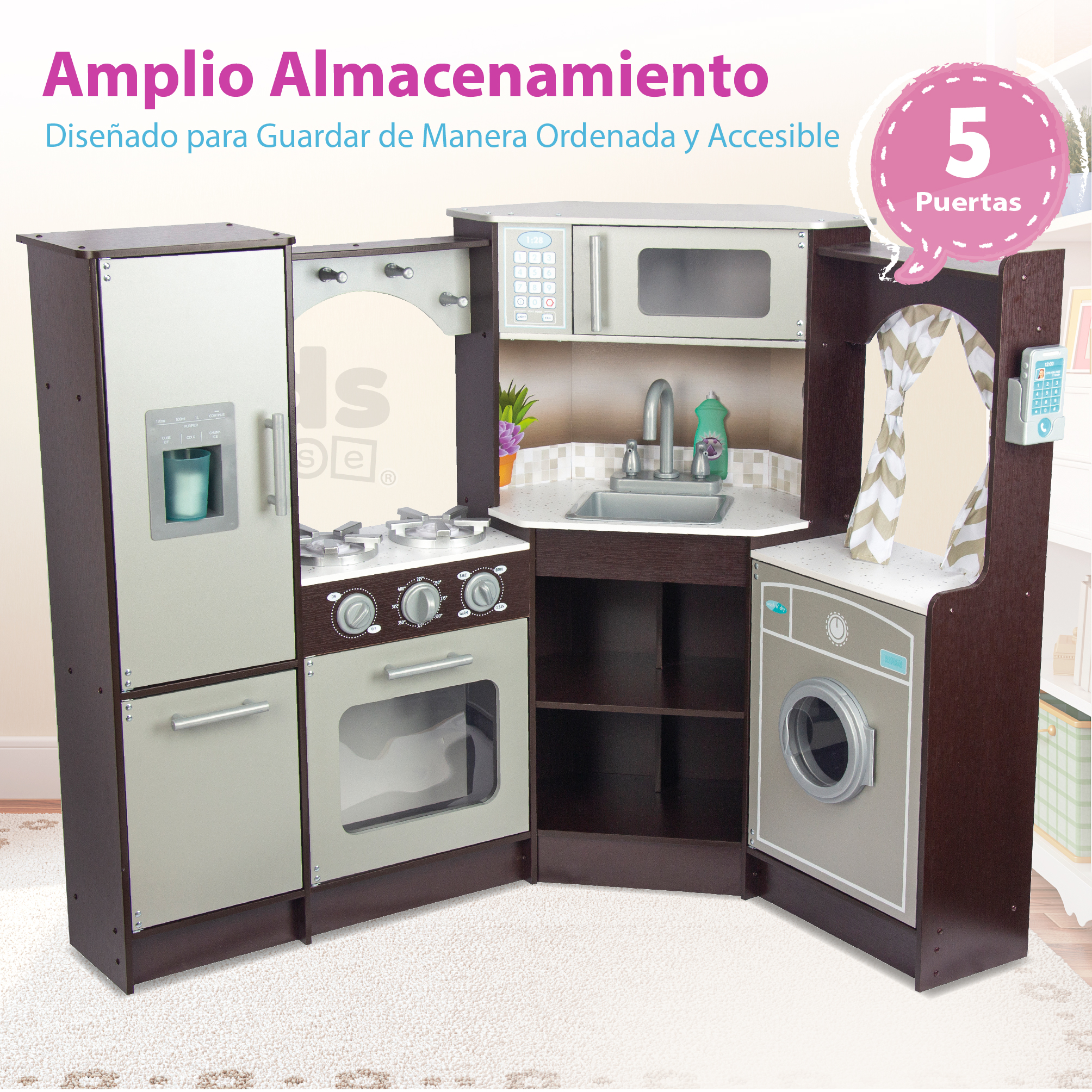 Foto 6 pulgar | Kids House Master Chef: Cocina De Juguete Para Niños, Modular Esquinada Con Microondas, Lavabo, Cortinas Elegantes