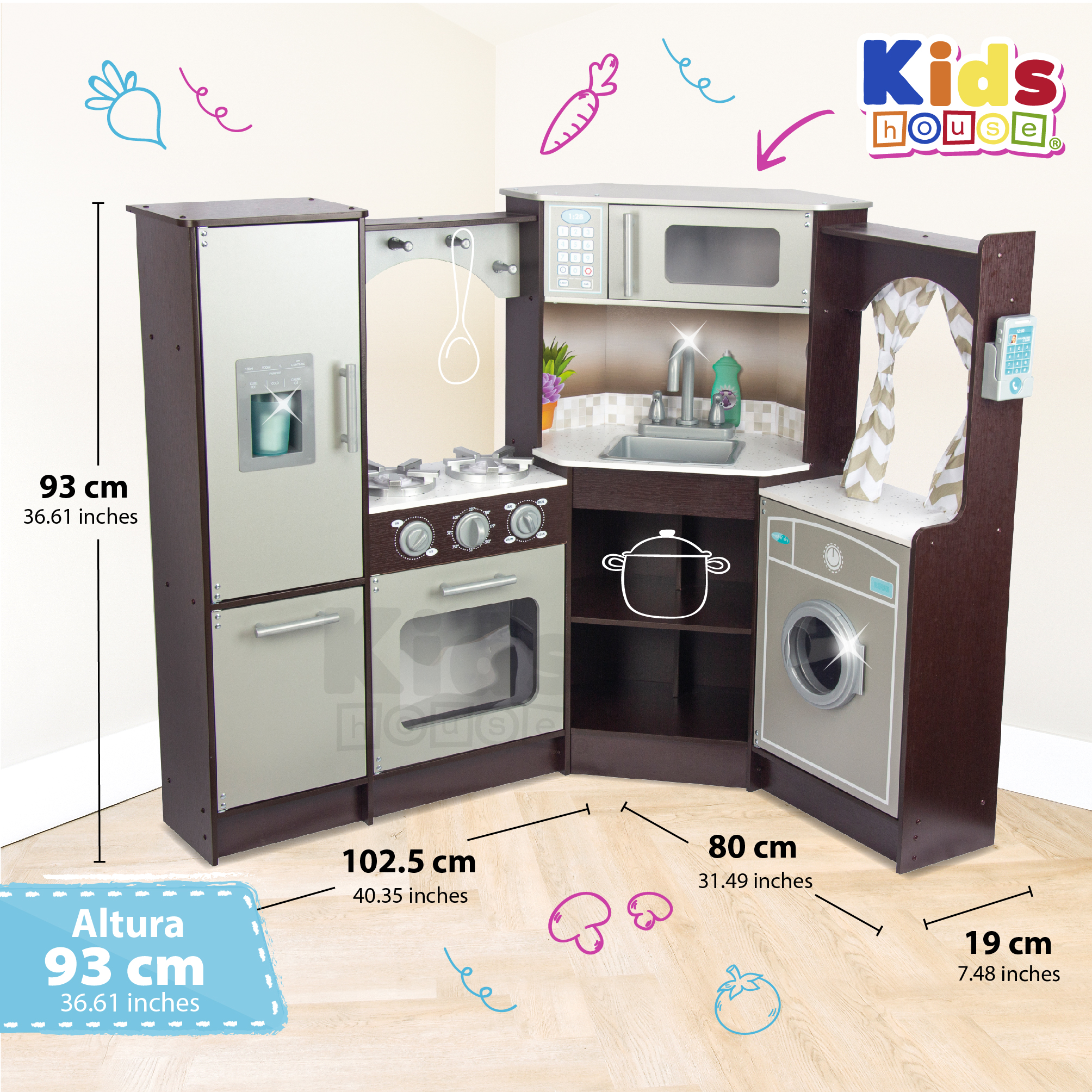 Foto 7 pulgar | Kids House Master Chef: Cocina De Juguete Para Niños, Modular Esquinada Con Microondas, Lavabo, Cortinas Elegantes