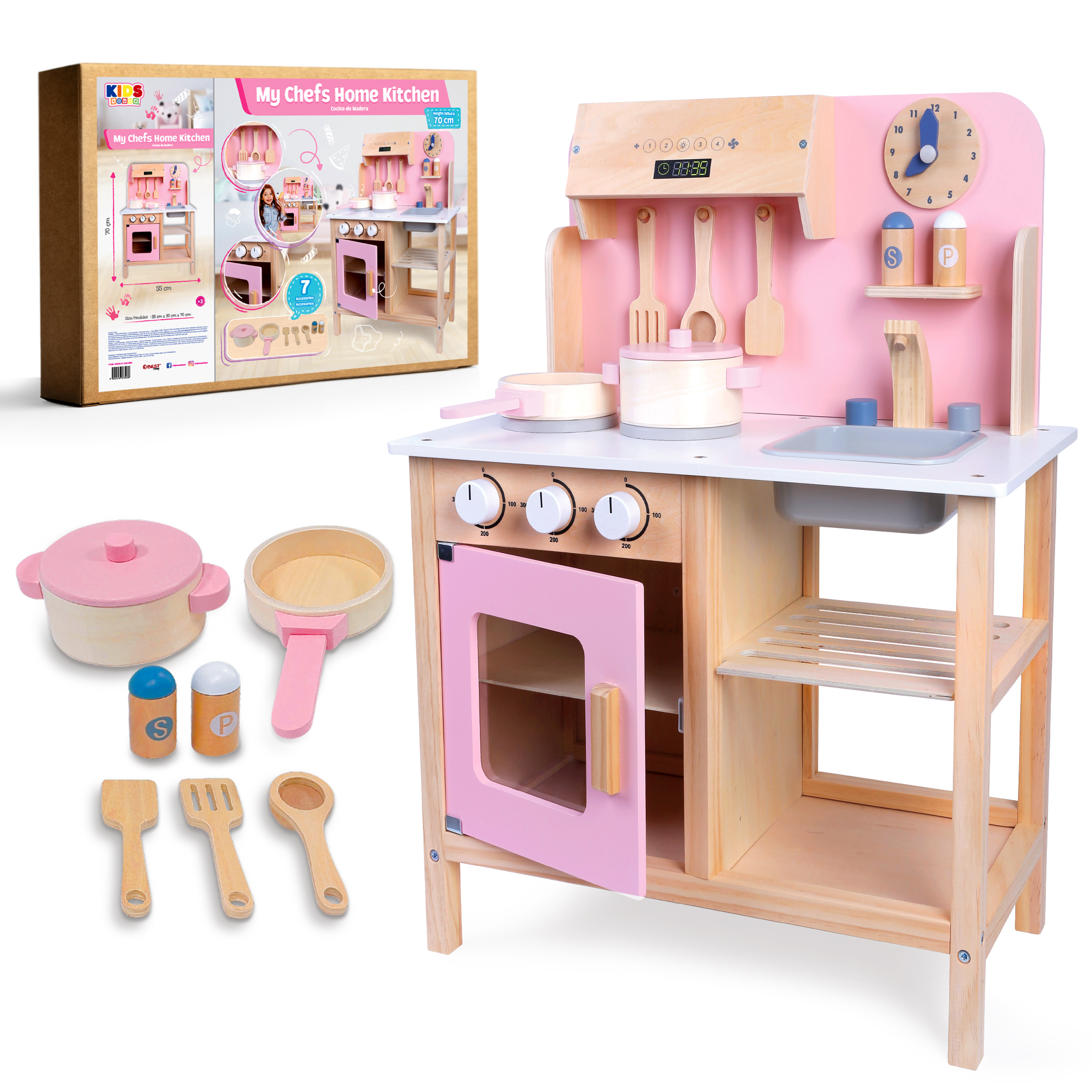 Foto 3 pulgar | Kids House Cocina De Madera Rosa Para Niñas Con Accesorios Incluye Sartén  Utensilios  Salero Y Pimentero My Che