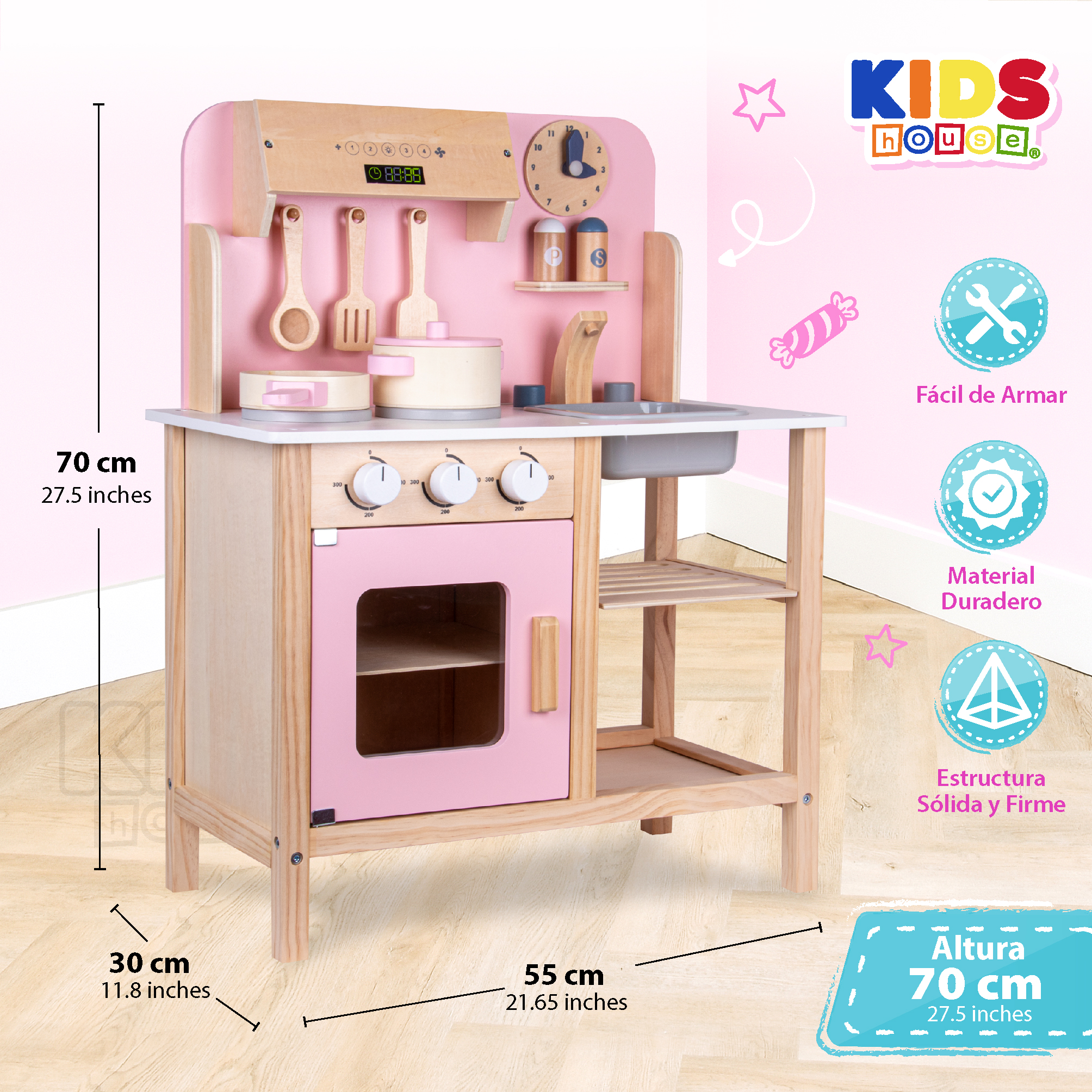 Foto 4 pulgar | Kids House Cocina De Madera Rosa Para Niñas Con Accesorios Incluye Sartén  Utensilios  Salero Y Pimentero My Che
