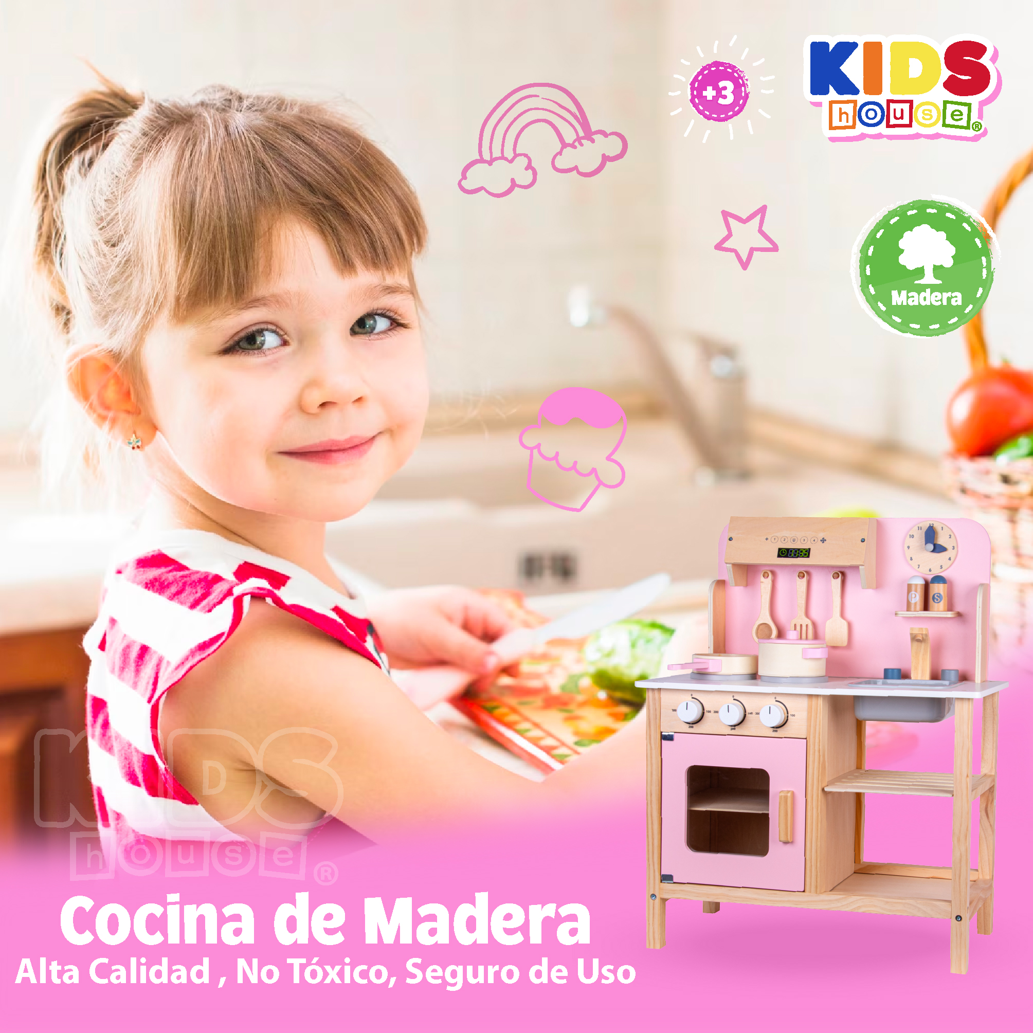 Foto 5 | Kids House Cocina De Madera Rosa Para Niñas Con Accesorios Incluye Sartén  Utensilios  Salero Y Pimentero My Che