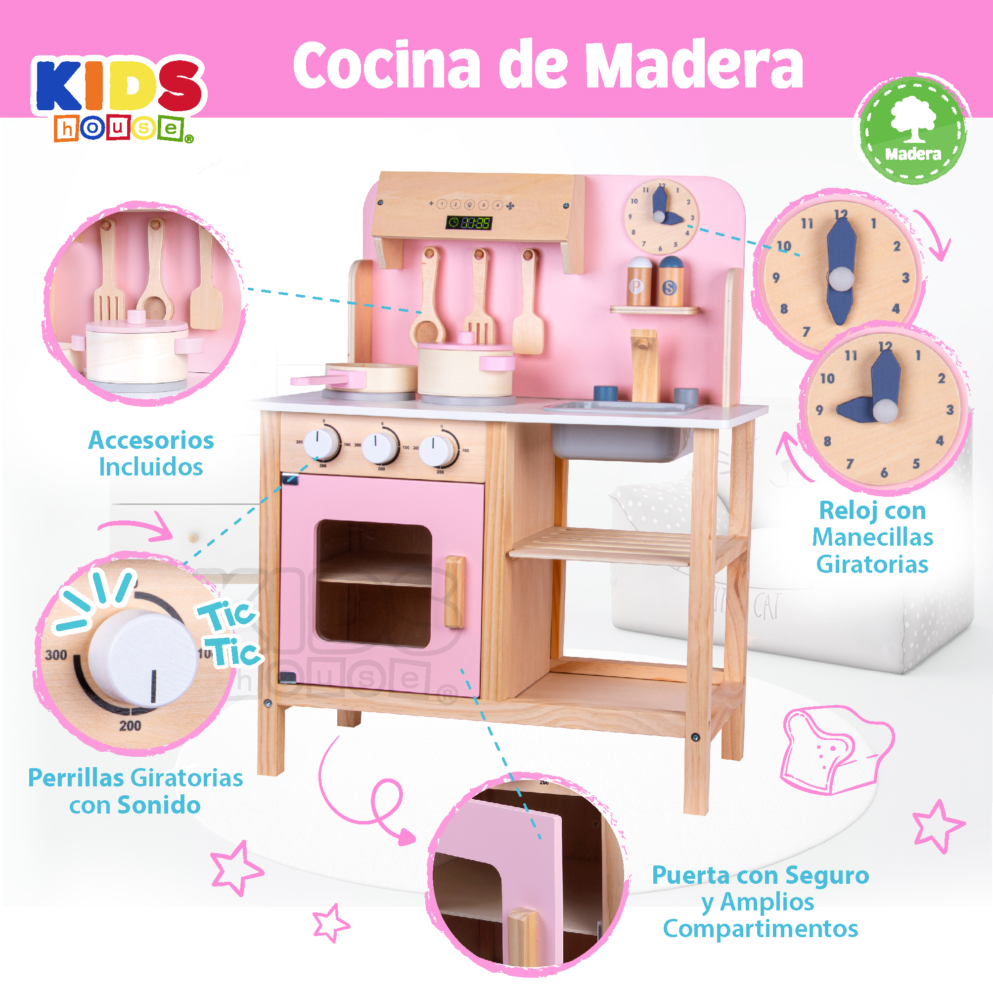 Foto 6 | Kids House Cocina De Madera Rosa Para Niñas Con Accesorios Incluye Sartén  Utensilios  Salero Y Pimentero My Che