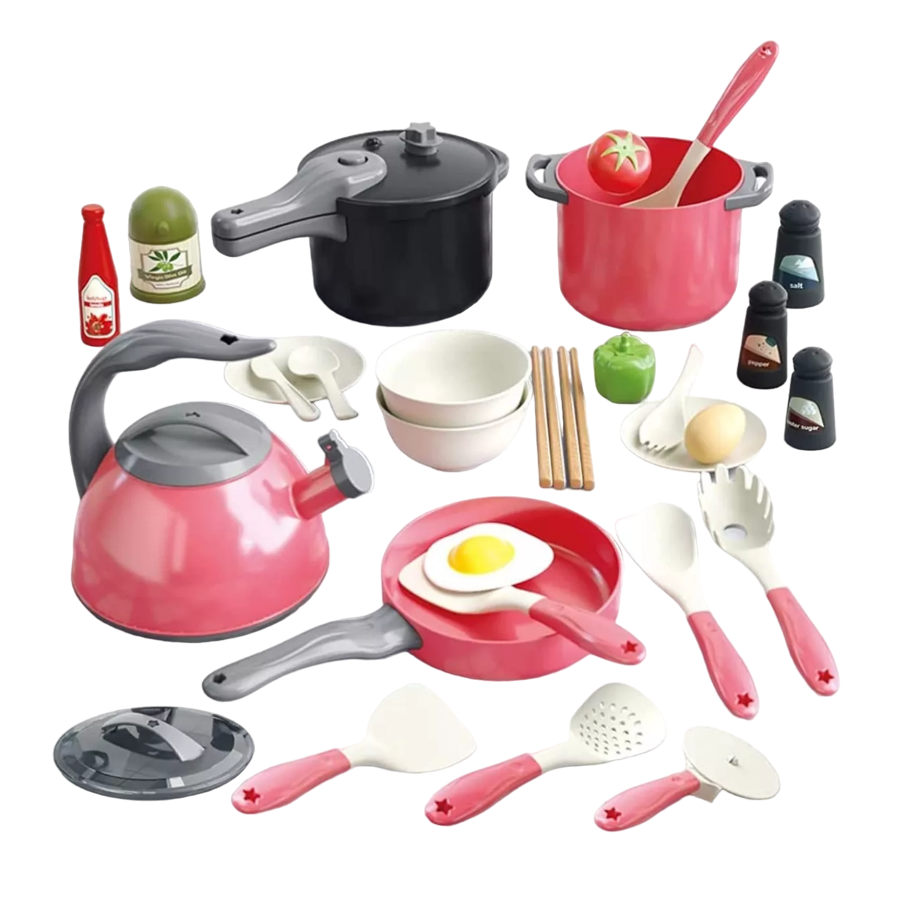 Juguete Utensilios De Cocina Con Ollas Y Sartenes 32pzs Rosa