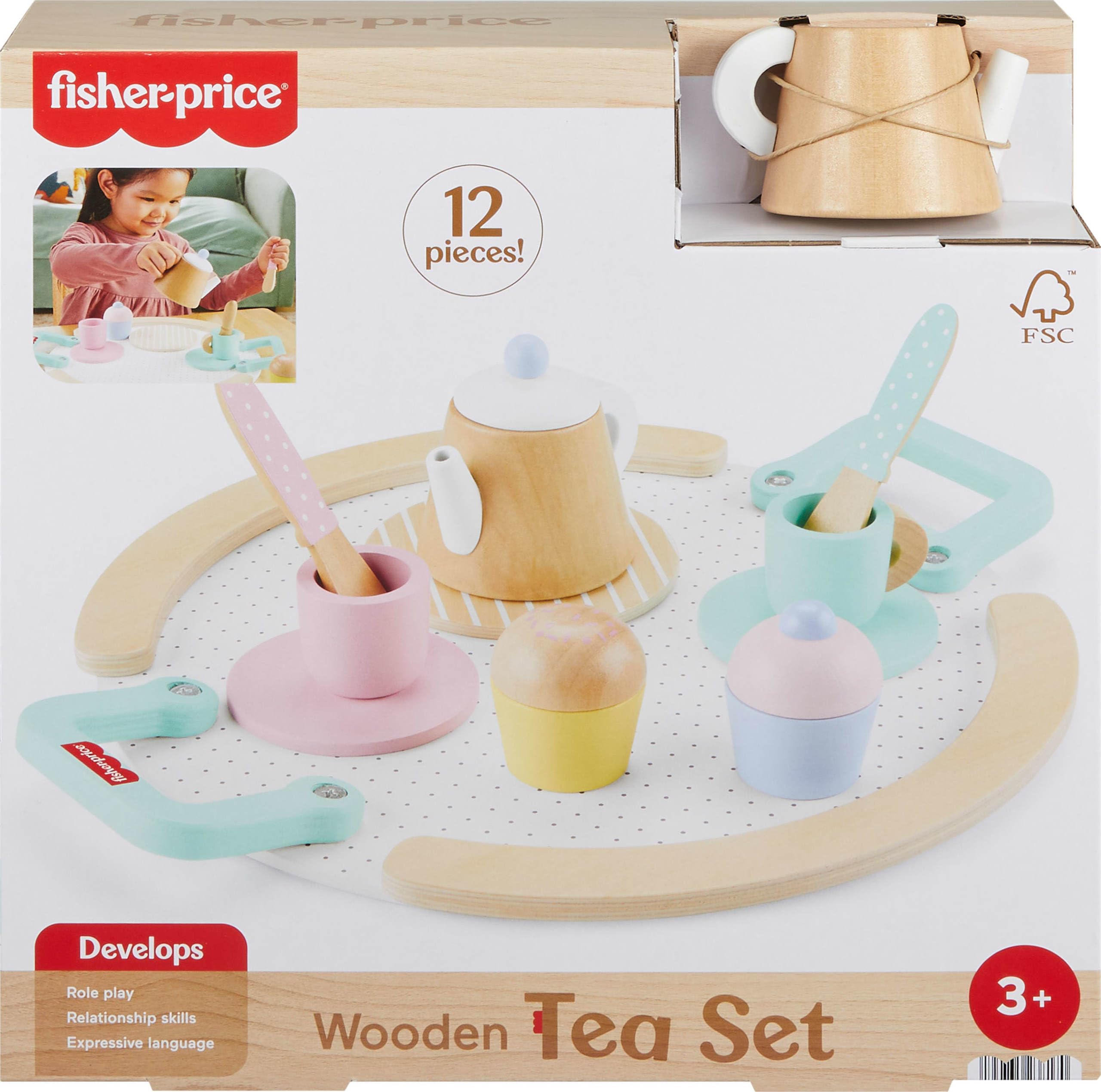 Foto 2 pulgar | Juego De Té De Juguete Fisher-price Wood De 12 Piezas Para Niños De Más De 3 Años - Venta Internacional.