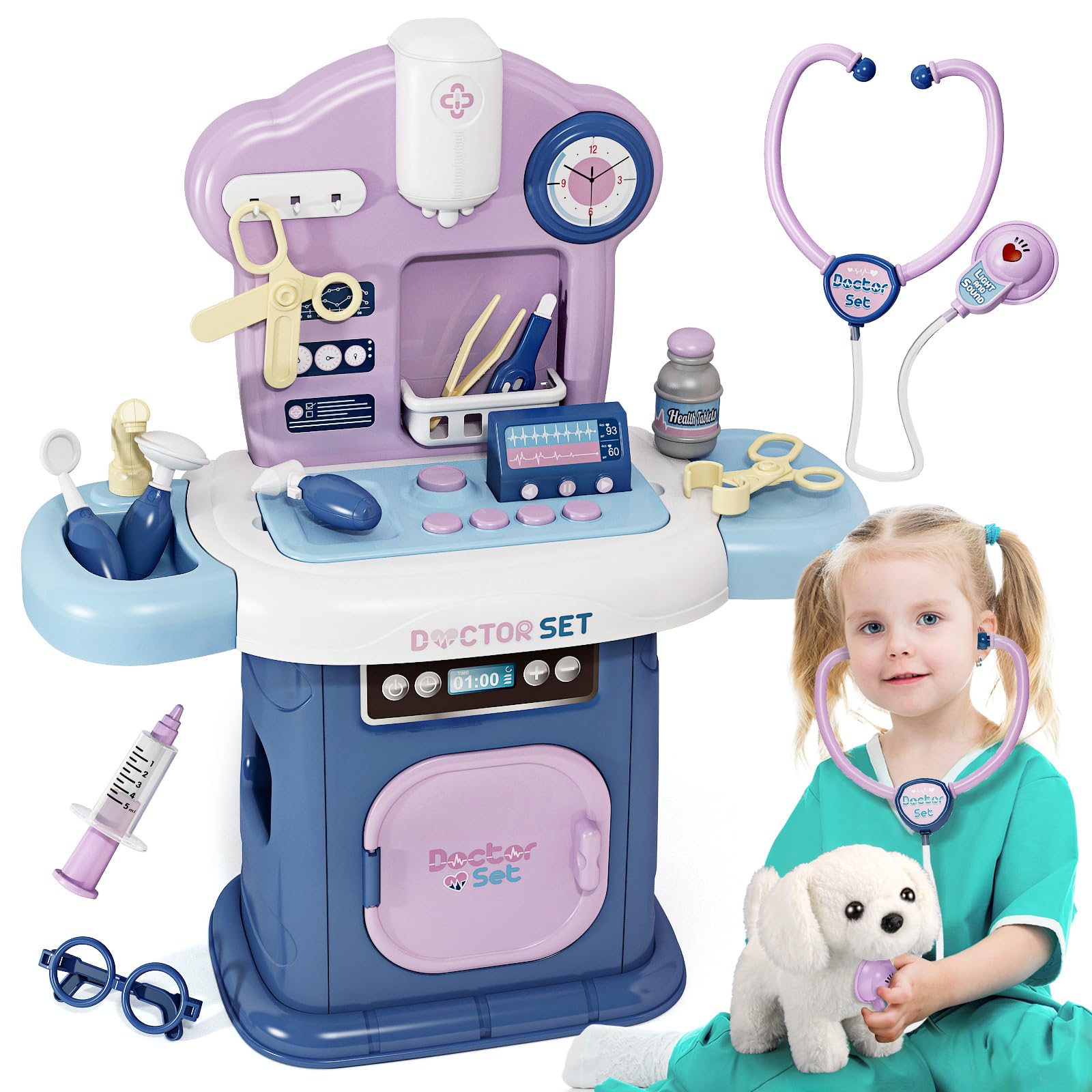 Juguete Doctor Kit Jovow Para Niños Con Muñeco De Perro, Estetoscopio, 26 Unidades - Venta Internacional.