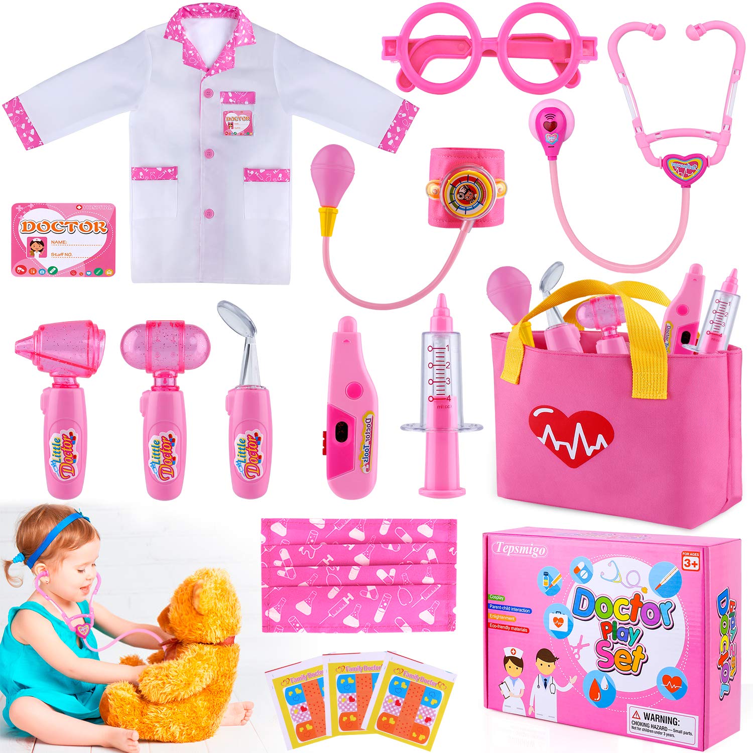 Kit Doctor Tepsmigo Play Kids Con Estetoscopio Y Disfraz, Color Rosa - Venta Internacional.