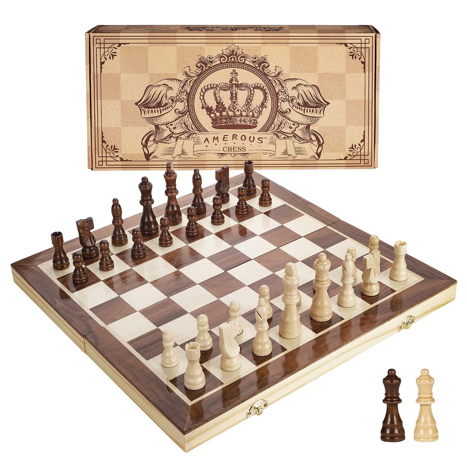 Venta Internacional - Juego De Ajedrez Amerous Magnético De Madera De 38 Cm Con 2 Reinas Adicionales