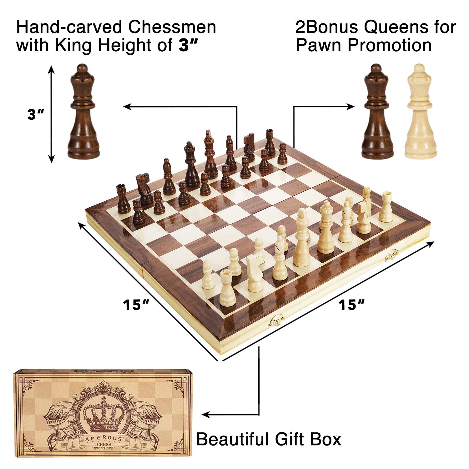 Foto 4 pulgar | Venta Internacional - Juego De Ajedrez Amerous Magnético De Madera De 38 Cm Con 2 Reinas Adicionales
