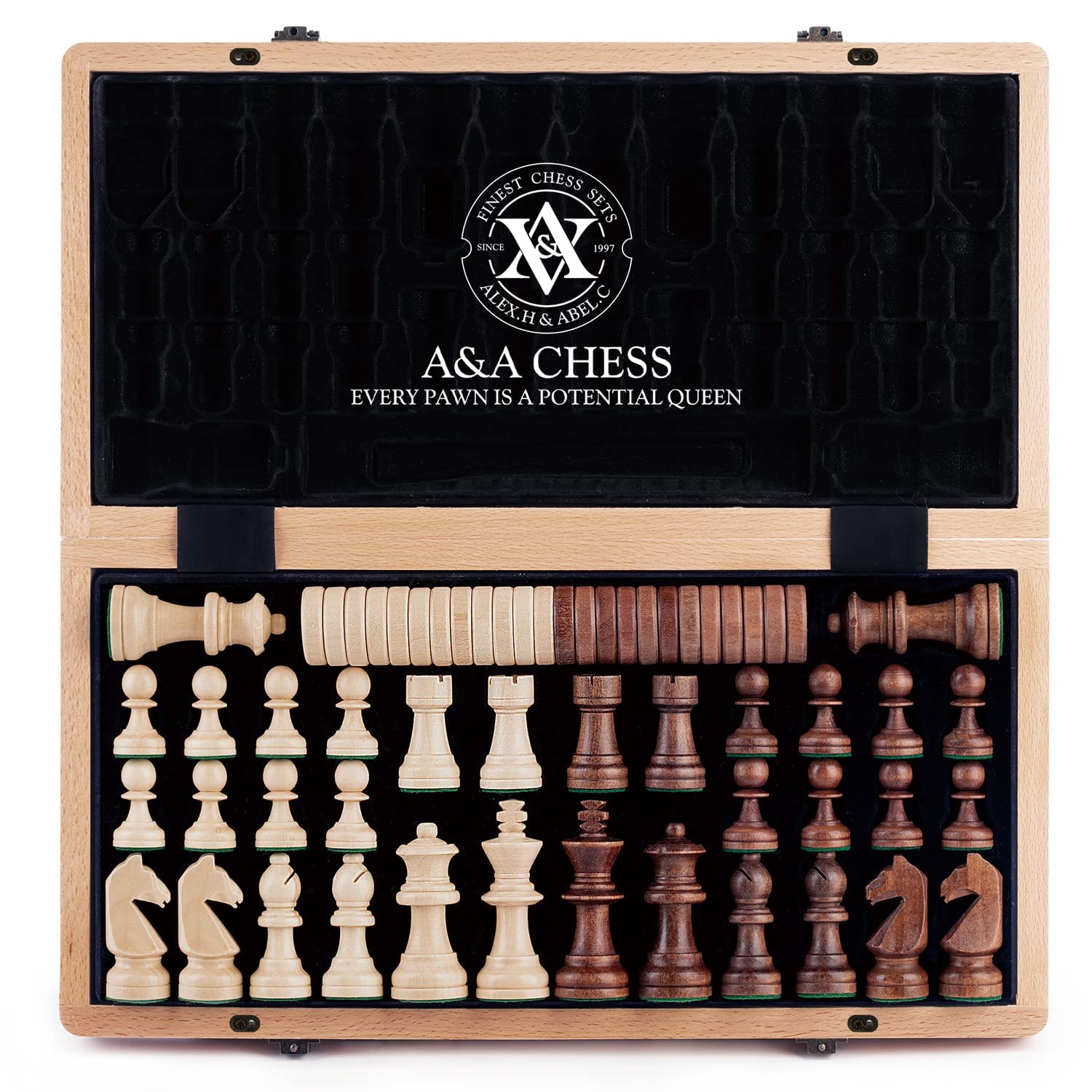 Juego De Ajedrez Y Damas A&a, De Madera, Plegable, 38 Cm Y 7,6 Cm, Tamaño King - Venta Internacional.