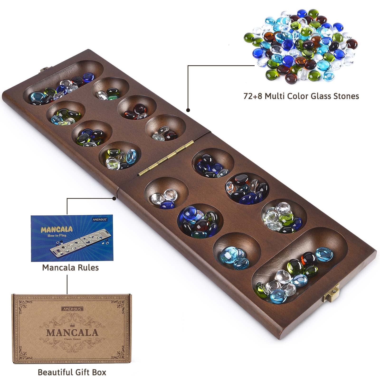 Foto 4 | Juego De Mesa Amerous Wooden Mancala Con 72+8 Piedras De Cristal - Venta Internacional.