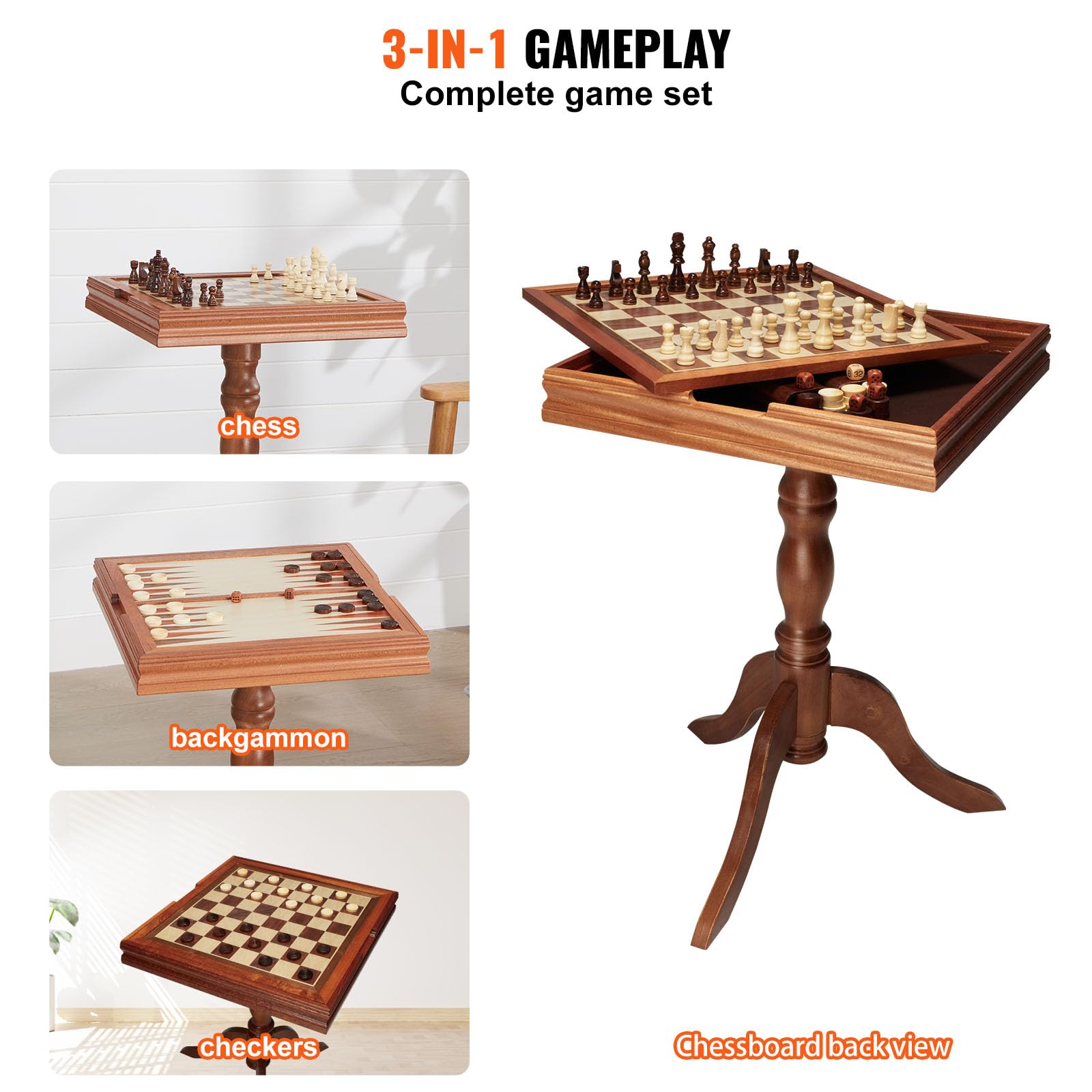 Foto 7 pulgar | Juego De Mesa De Backgammon Chess Checkers 3 En 1 Vevor, 45 Cm, Madera - Venta Internacional.