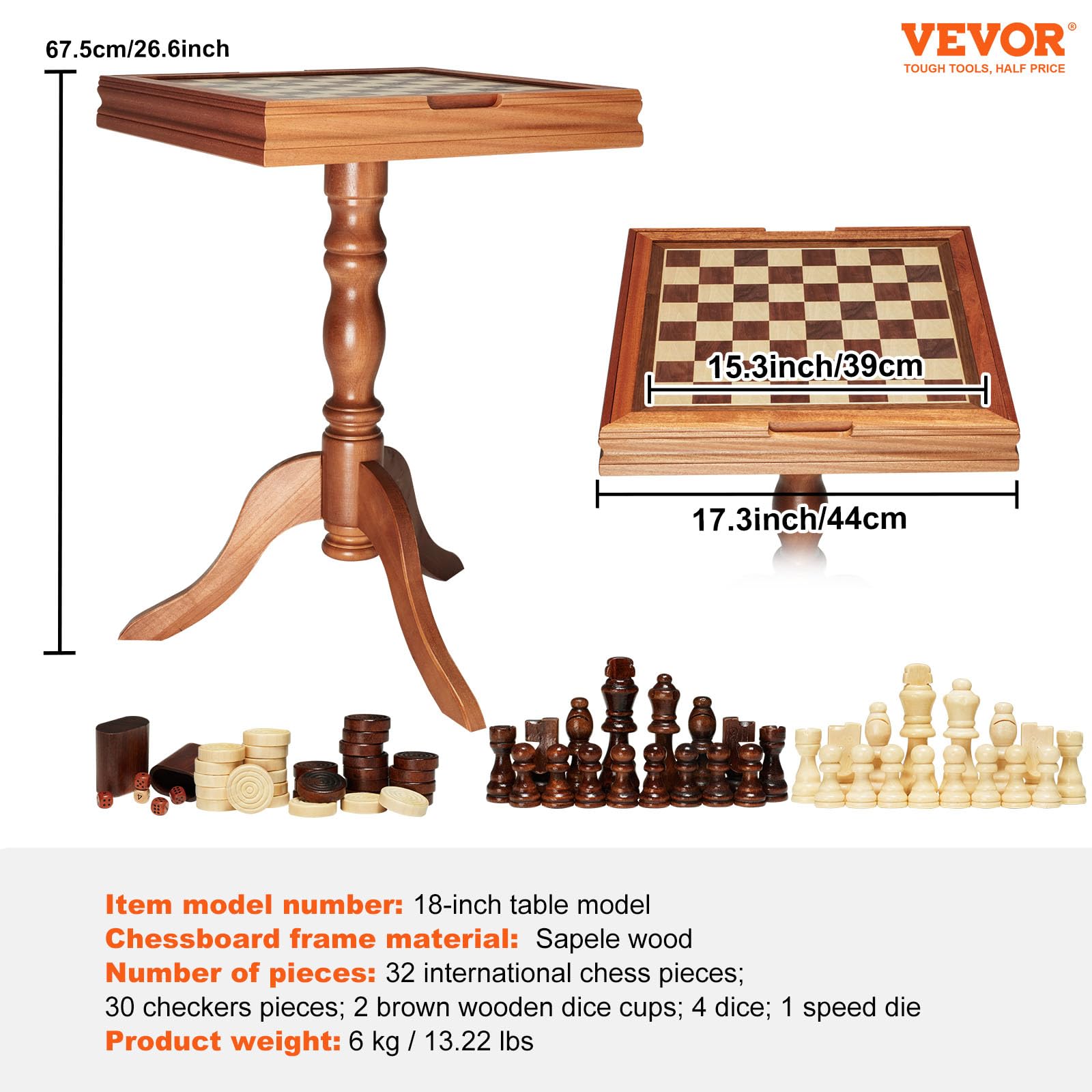 Foto 8 pulgar | Juego De Mesa De Backgammon Chess Checkers 3 En 1 Vevor, 45 Cm, Madera - Venta Internacional.