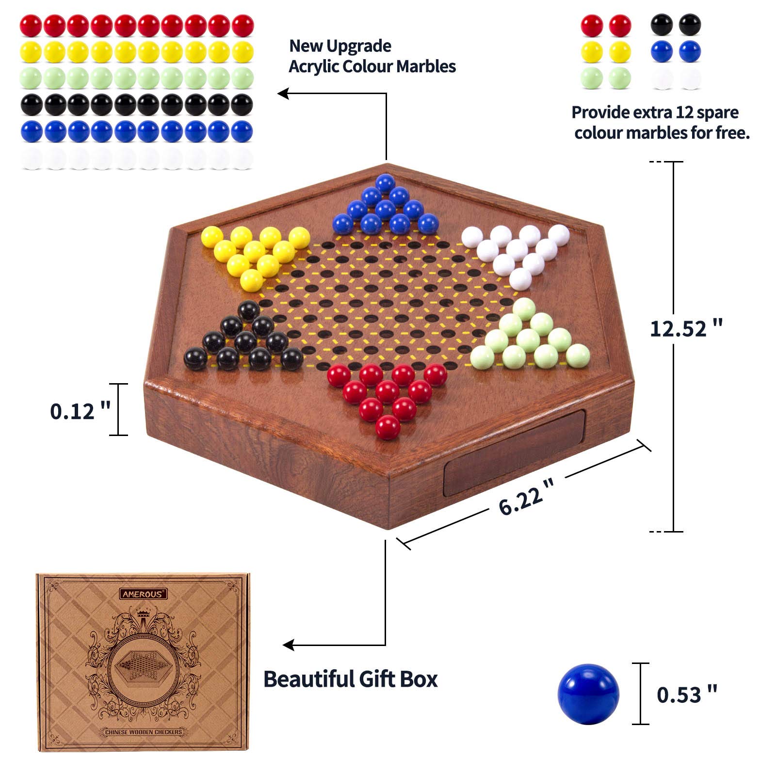 Foto 5 | Juego De Damas Chinas Amerous De Madera Con Almacenamiento, 60 Canicas - Venta Internacional.