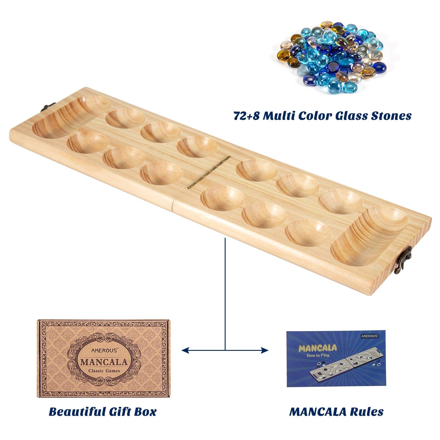 Foto 5 pulgar | Juego De Mesa Mancala Amerous De Madera Plegable Con Piedras De Cristal - Venta Internacional.