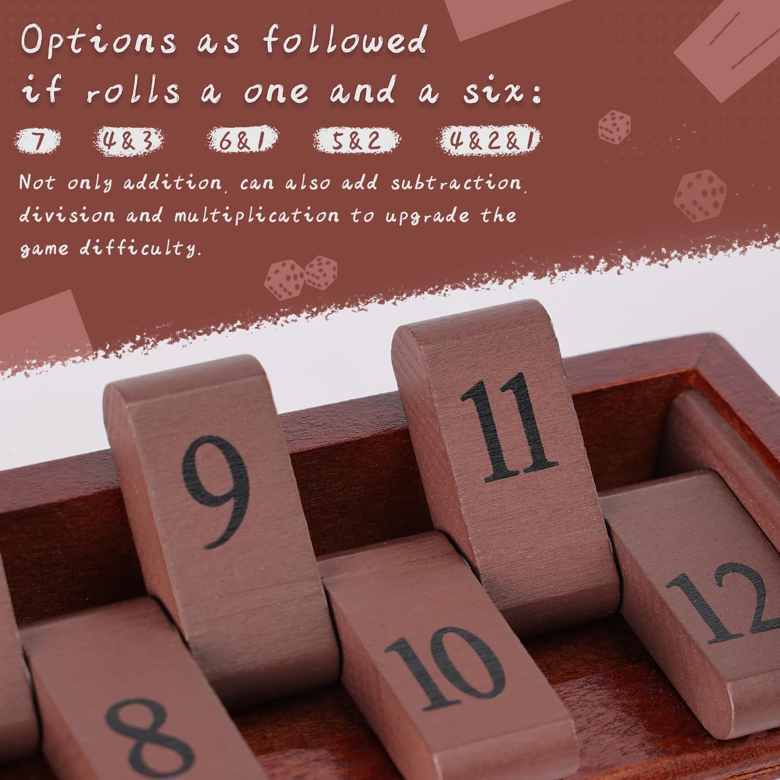 Foto 6 pulgar | Juego De Dados Shut The Box, Tablero De Madera De 28 Cm Con Números Grandes - Venta Internacional.
