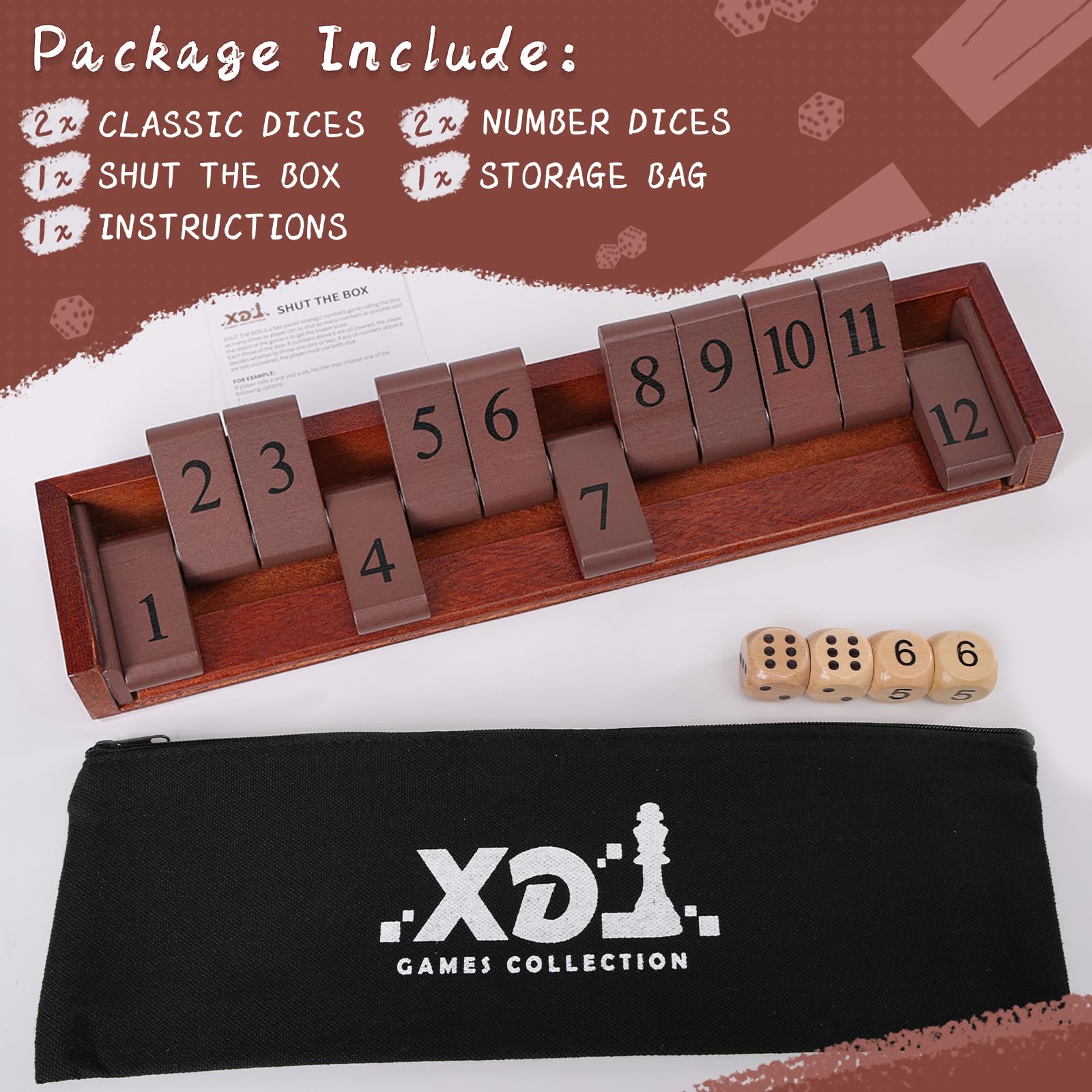 Foto 4 pulgar | Juego De Dados Shut The Box, Tablero De Madera De 28 Cm Con Números Grandes - Venta Internacional.