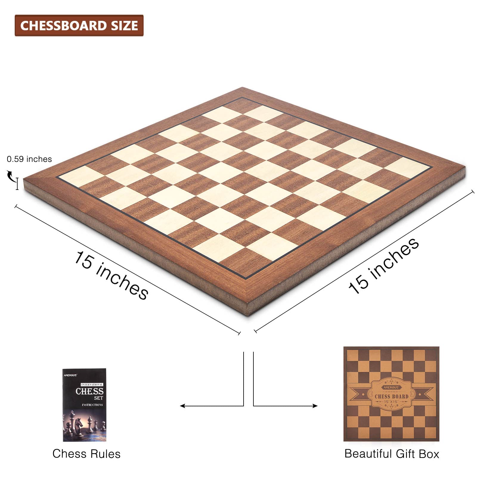 Foto 6 | Tablero De Ajedrez Amerous 38x38 Cm Torneo De Madera Sin Piezas - Venta Internacional.