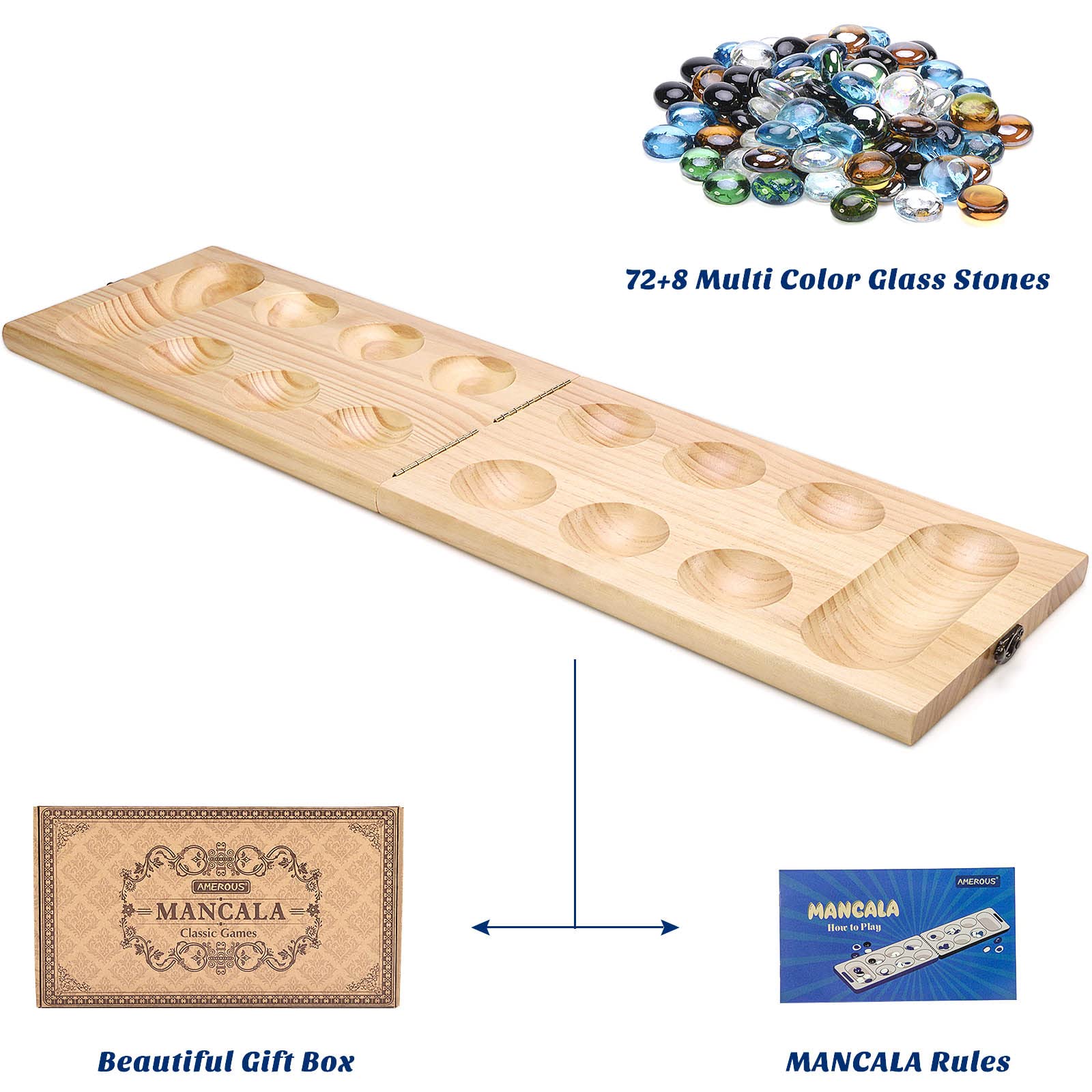 Foto 8 pulgar | Juego De Mesa Amerous Mancala De Madera Con 72+8 Piedras De Cristal - Venta Internacional.