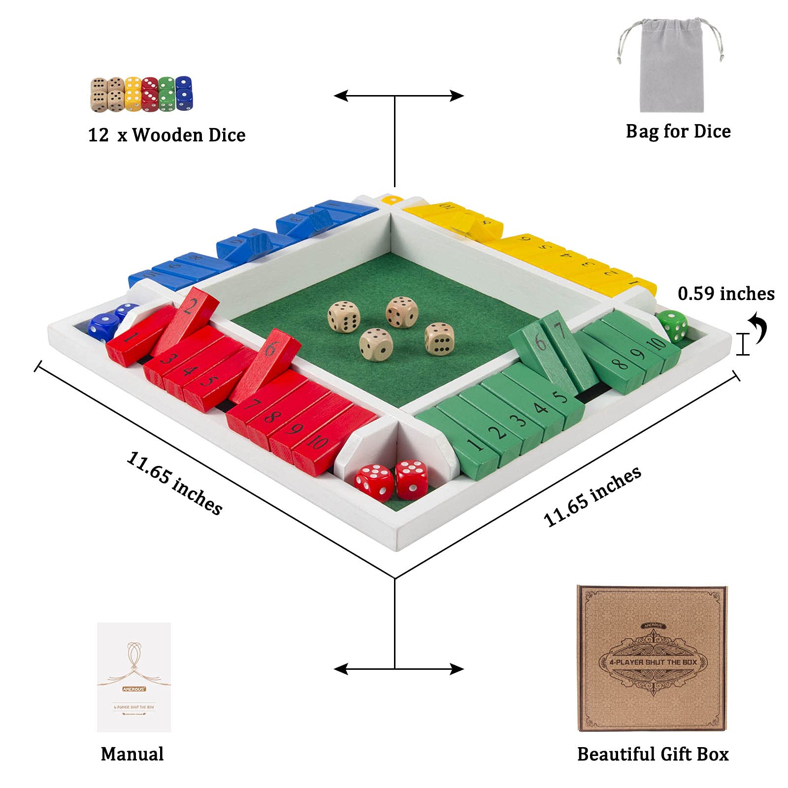 Foto 4 | Juego Shut The Box Amerous Tablero de Madera de 30 cm con 12 Dados - Venta Internacional
