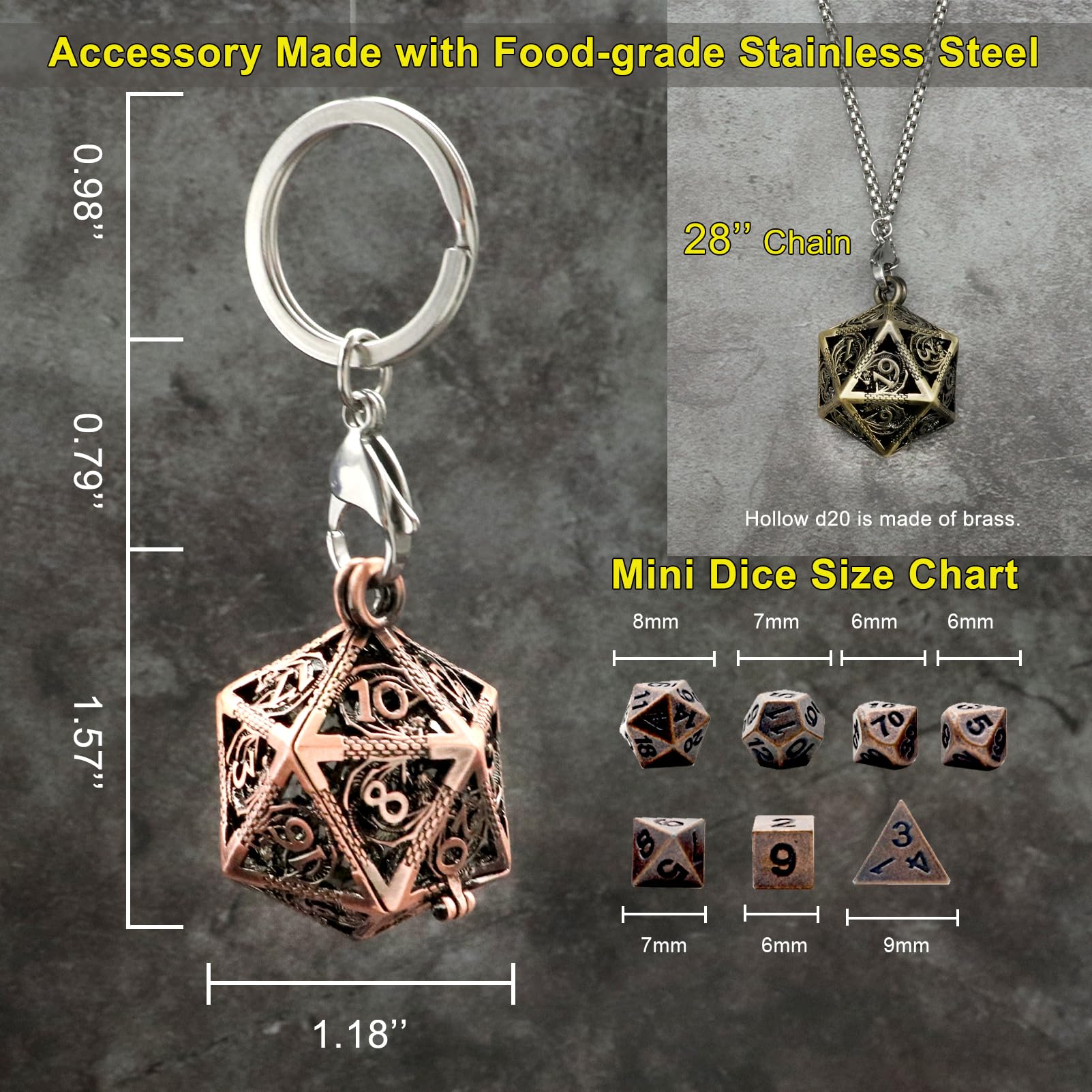 Foto 6 pulgar | Venta Internacional - Juego De Minidados Haxtec Con Funda De Collar D20 Hueca De Cobre