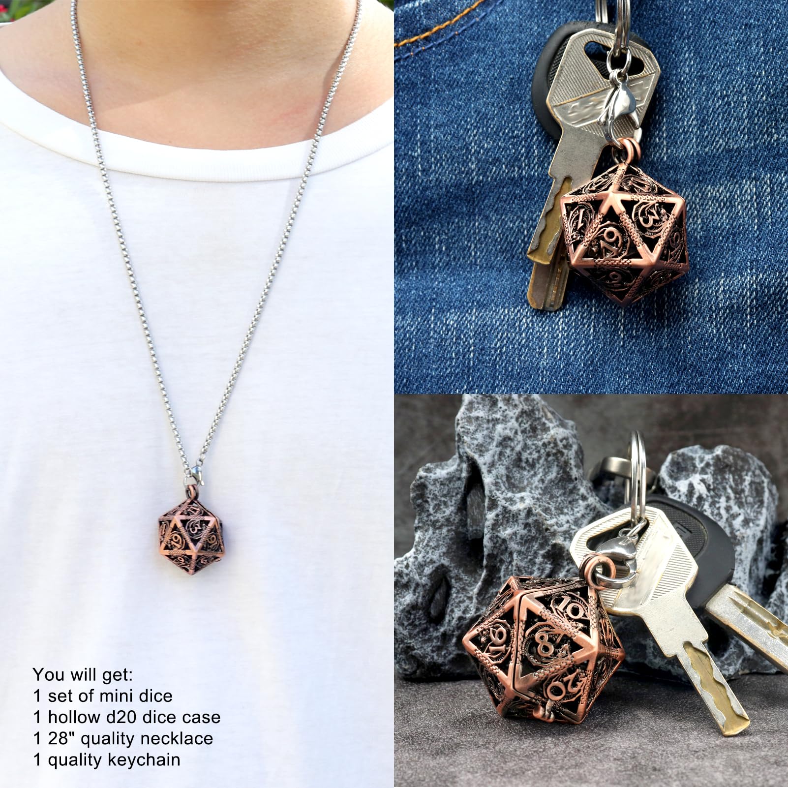 Foto 7 pulgar | Venta Internacional - Juego De Minidados Haxtec Con Funda De Collar D20 Hueca De Cobre
