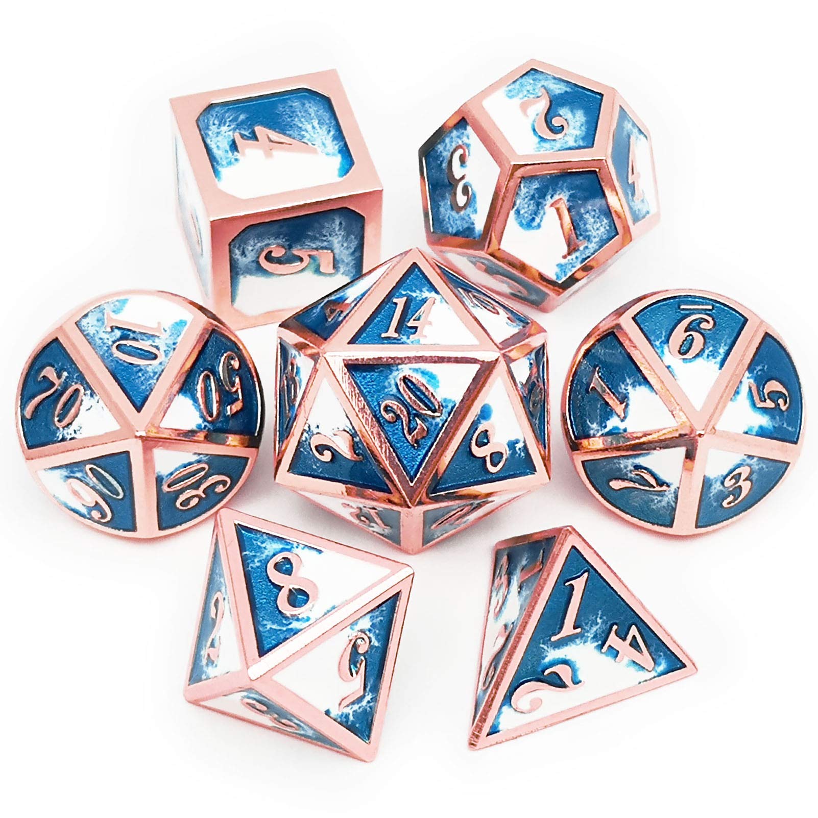 Set De Dados Haxtec Metal Dnd, Cobre, Azul Y Blanco Con Bolsa De Piel - Venta Internacional.