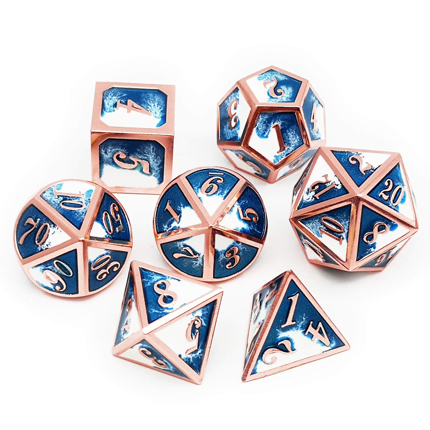 Foto 3 | Set De Dados Haxtec Metal Dnd, Cobre, Azul Y Blanco Con Bolsa De Piel - Venta Internacional.