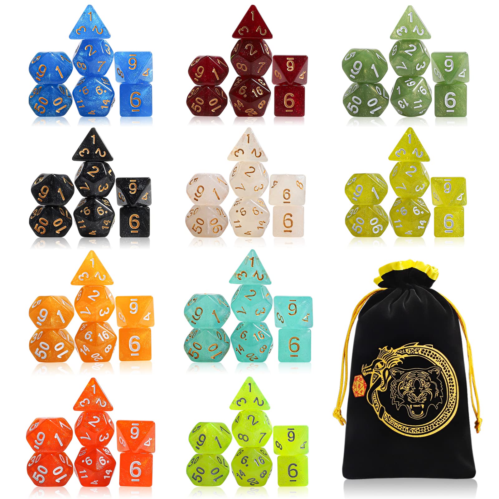 Foto 2 pulgar | Juego De Dados Poliédricos Ciaraq Dnd 10x7 (70 Piezas) Con Bolsa - Venta Internacional.