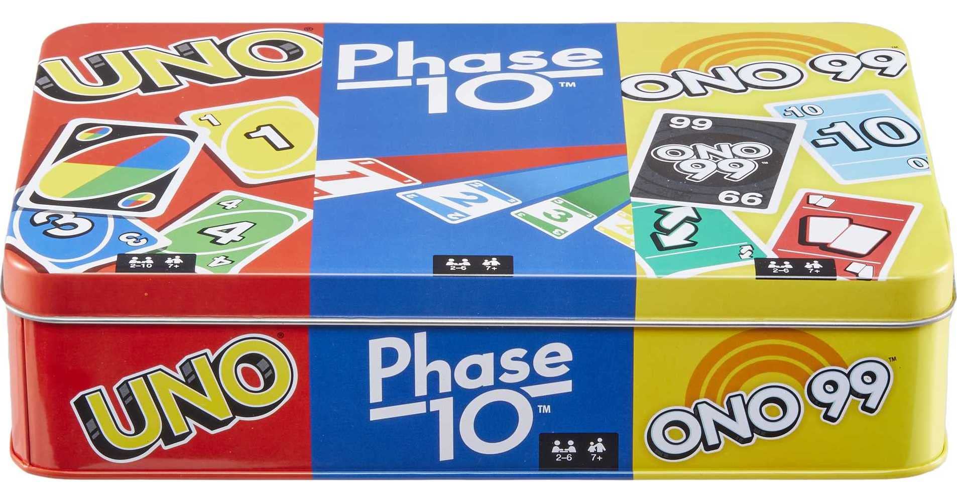 Foto 2 pulgar | Set De 3 Juegos Mattel Games Uno, Phase 10 Y Ono 99 Con Caja De Lata - Venta Internacional.