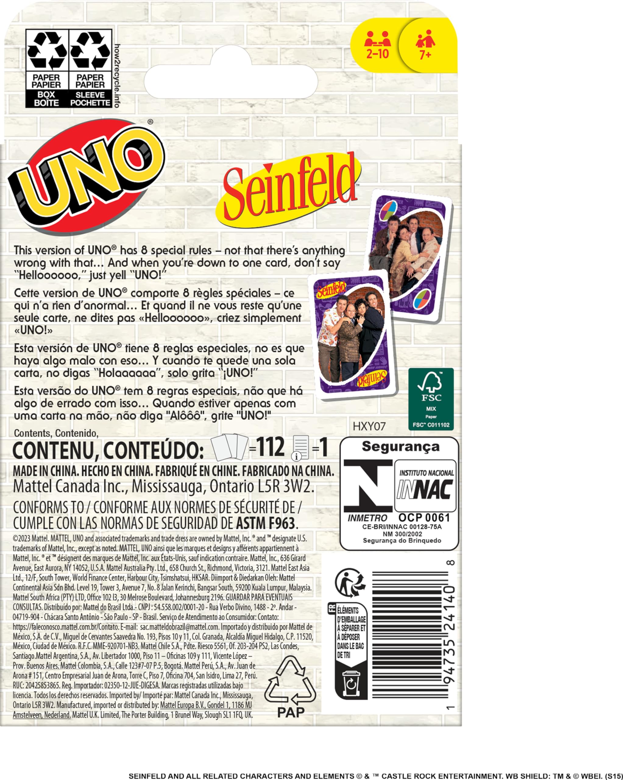 Foto 7 pulgar | Juego De Cartas Mattel Games Uno Seinfeld Con Regla Especial Para Niños Mayores De 7 Años - Venta Internacional.