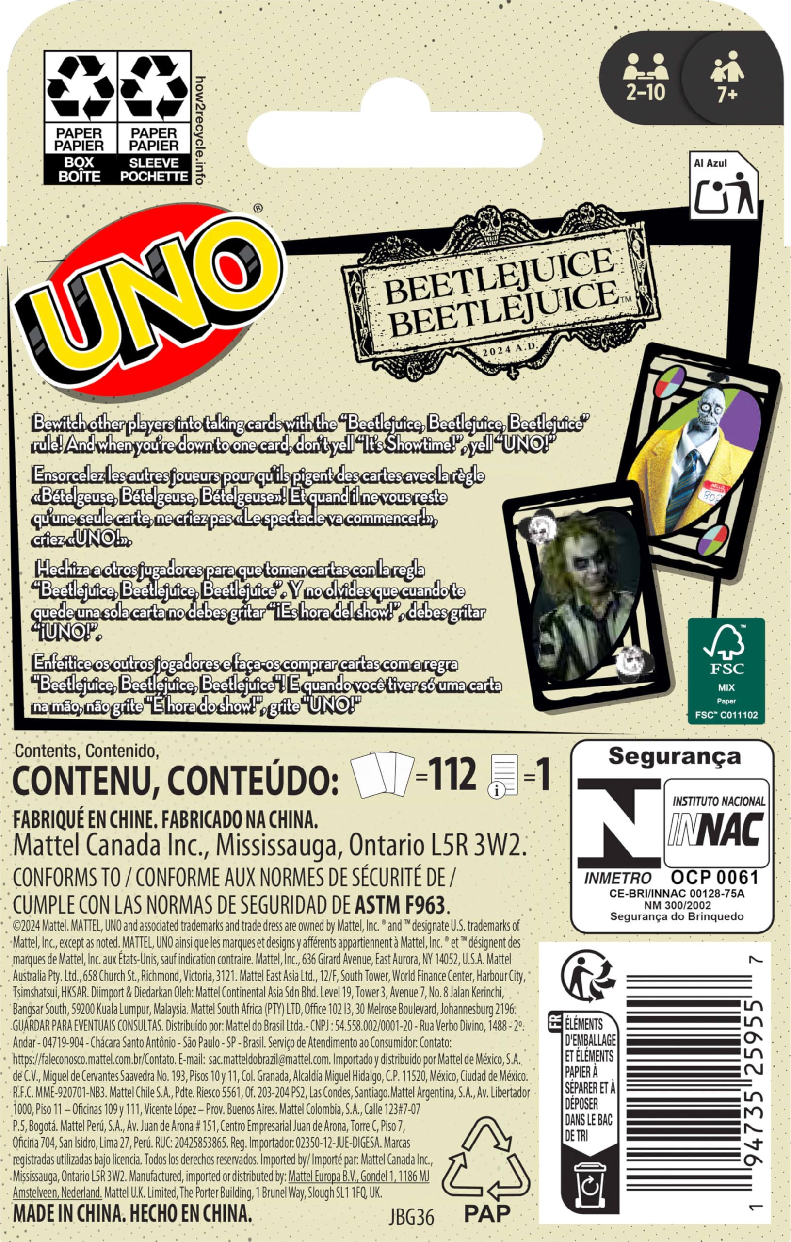 Foto 7 pulgar | Juego De Cartas Mattel Games Uno Beetlejuice Beetlejuice Kids 7+ - Venta Internacional.