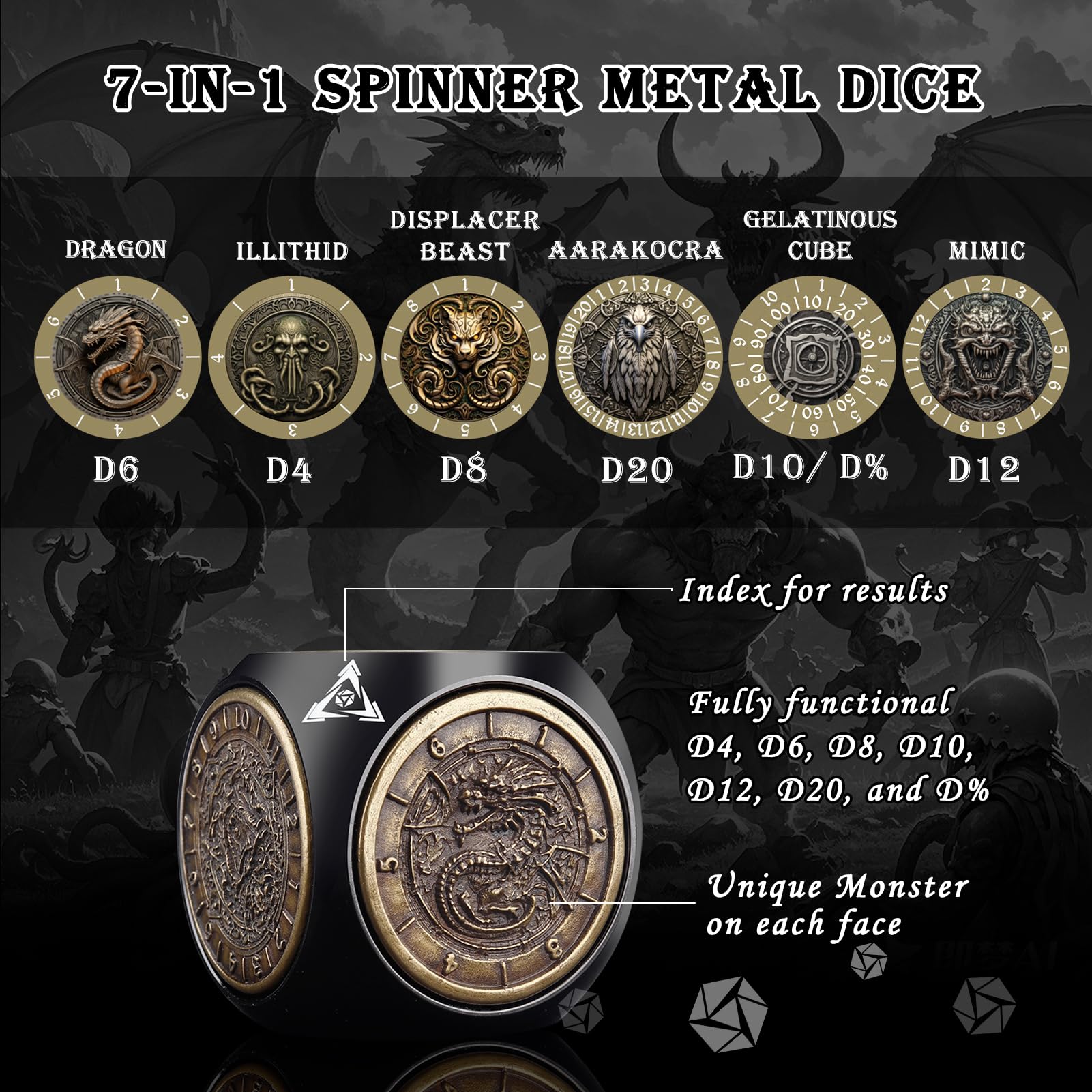 Foto 3 pulgar | Juego De Dados Haxtec Spinner Dice 7 En 1 Metal Dnd Dungeons Dragons - Venta Internacional.
