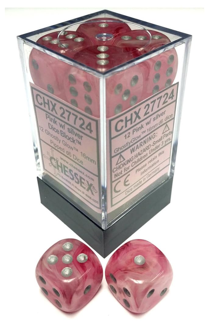 Foto 2 pulgar | Juego De Dados Chessex Ghostly Glow, Poliédrico Rosa Y Plateado, D6 X 12 - Venta Internacional.