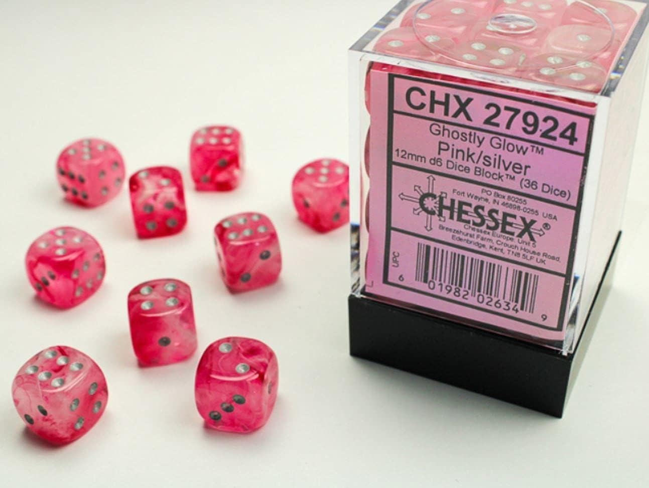 Foto 3 pulgar | Juego De Dados Chessex Ghostly Glow, Poliédrico Rosa Y Plateado, D6 X 12 - Venta Internacional.