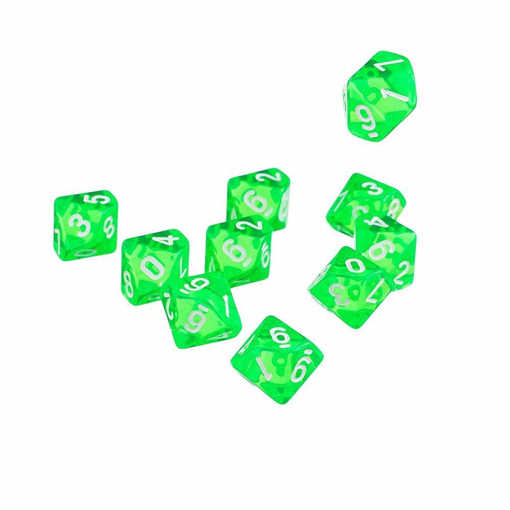 Dice D10 Poliédrico, 10 Caras, Acrílico, 10 Unidades, Color Verde - Venta Internacional.