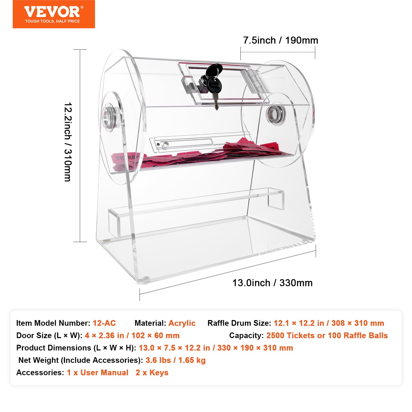 Foto 8 pulgar | Tambor Vevor Acrylic Professional Con 2 Llaves Para 2500 Entradas - Venta Internacional.